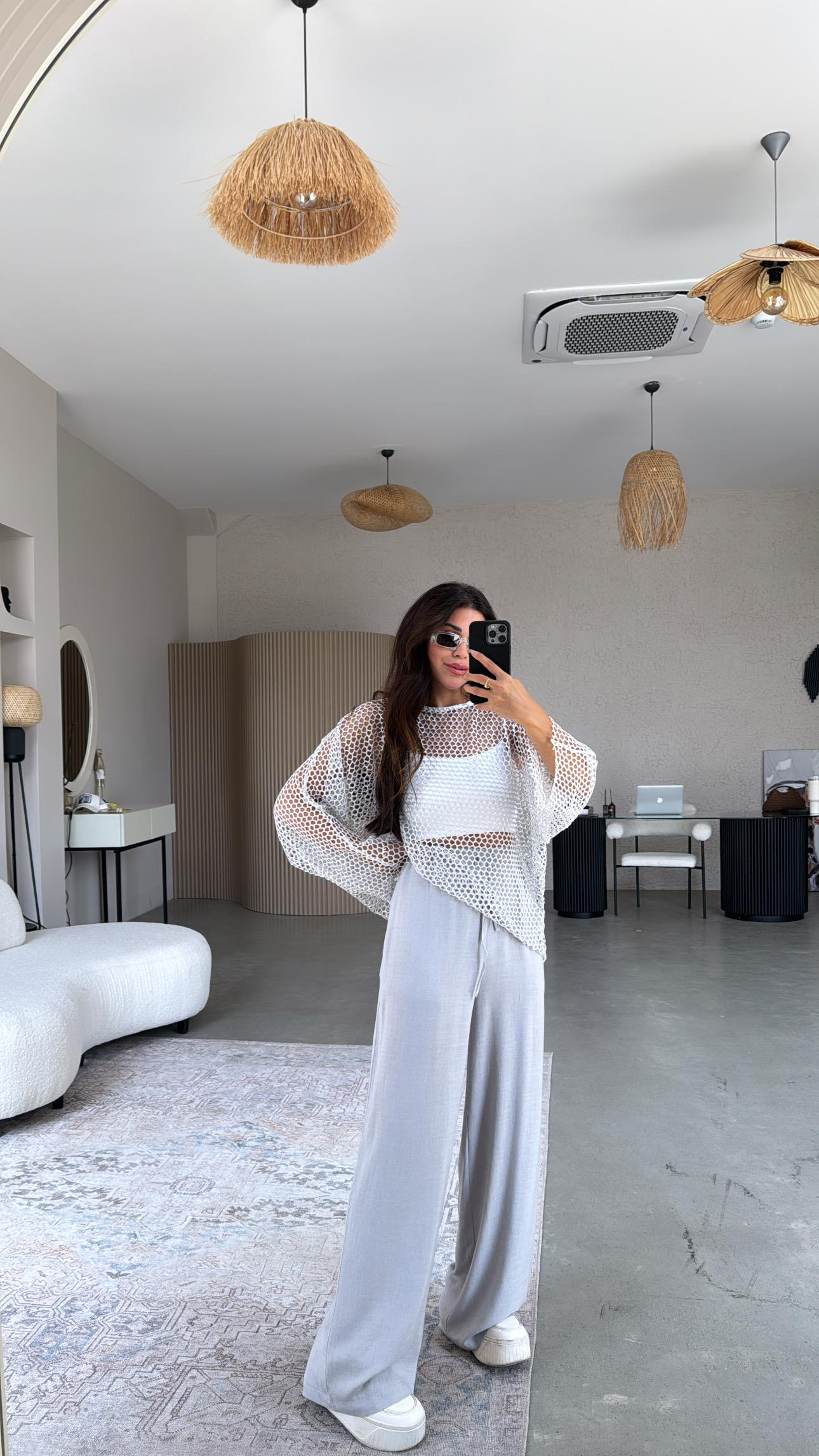 Gri Basic Bol Paça Keten Pantolon