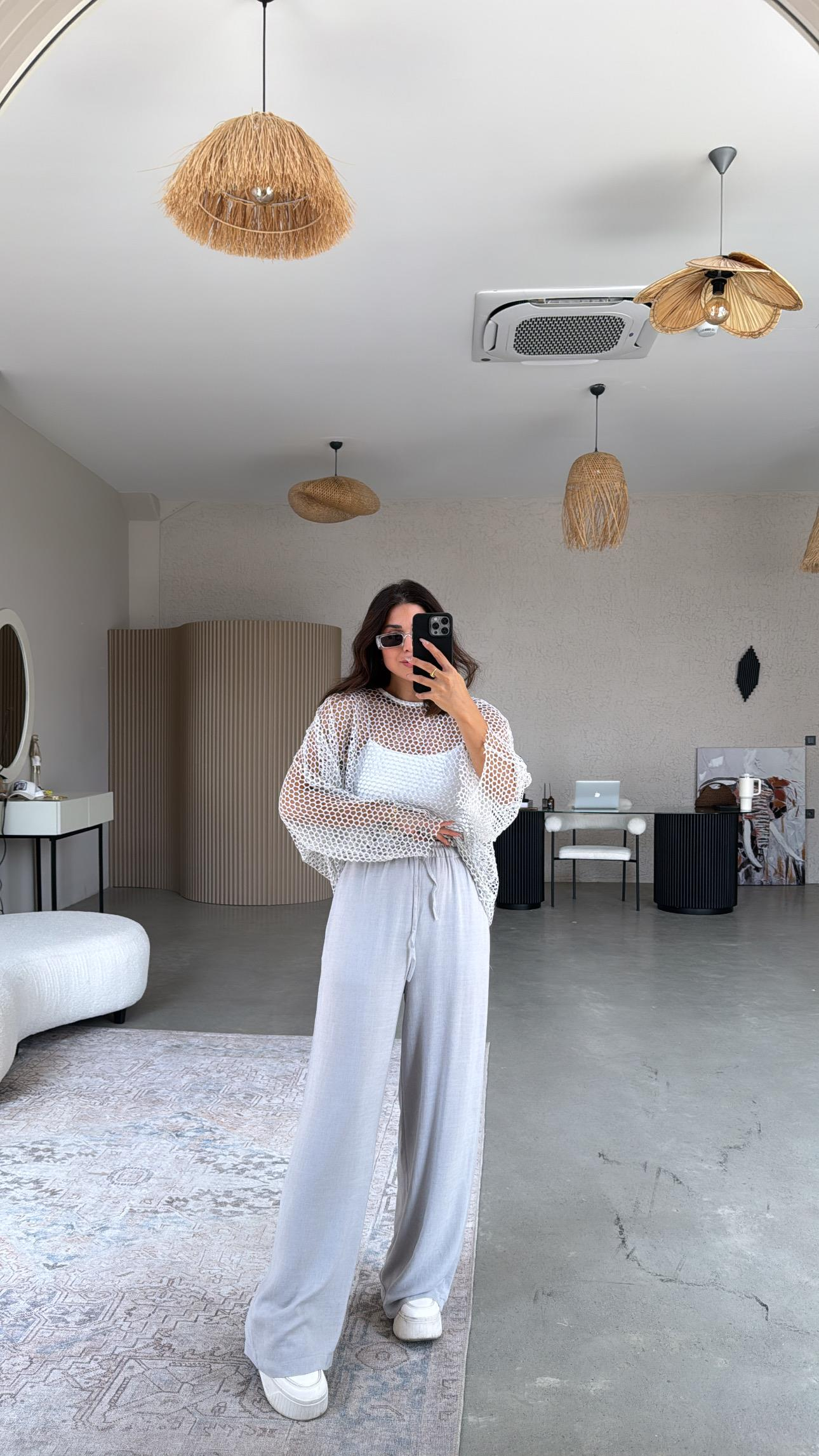 Gri Basic Bol Paça Keten Pantolon