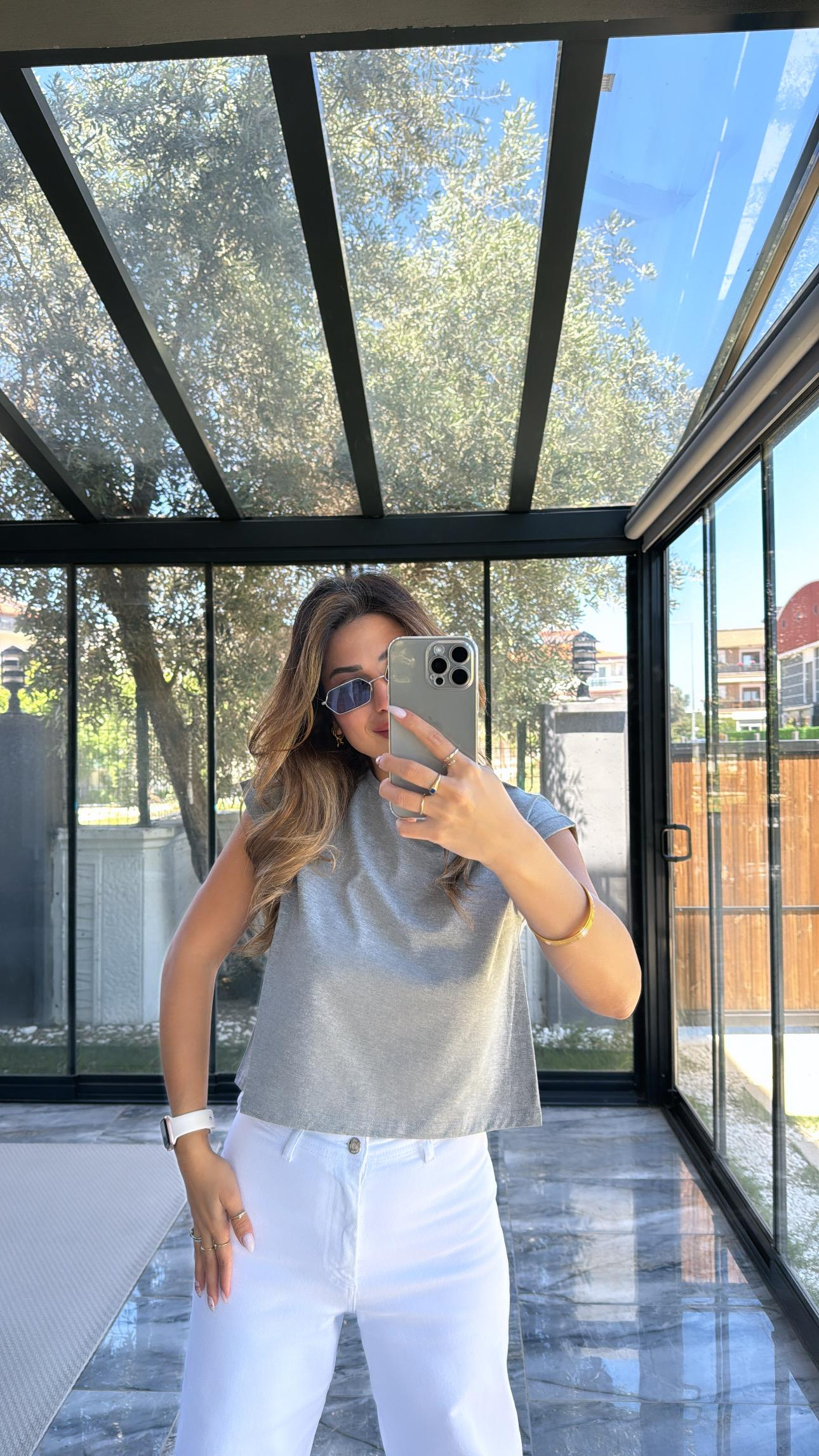 Gri Duble Kol Basic Tshirt