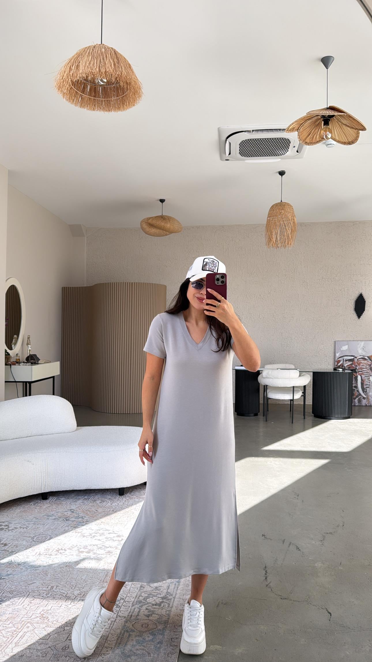 Gri Kısa Kol V Yaka Basic Elbise