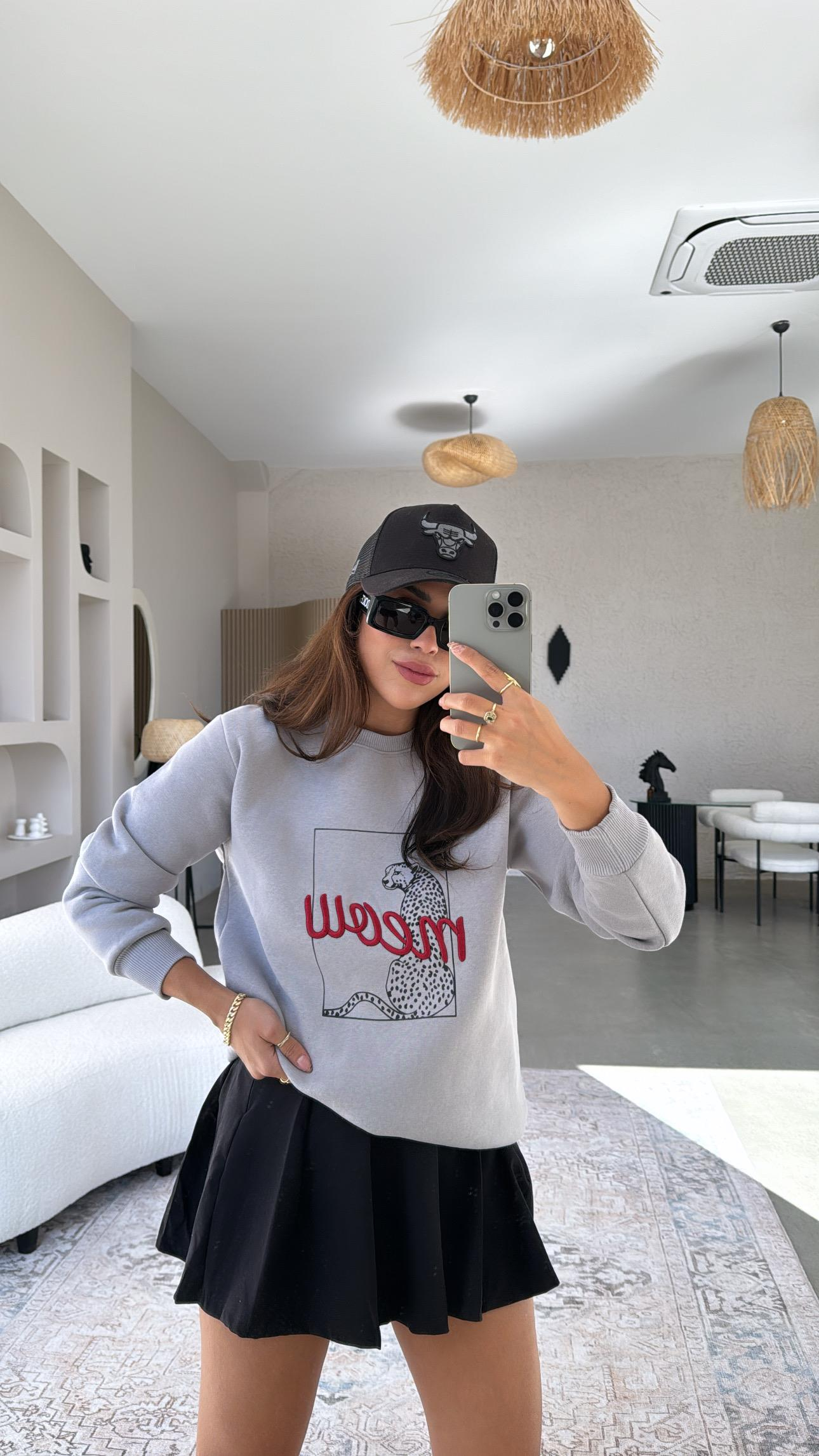 Gri Meow Baskılı Sweatshirt