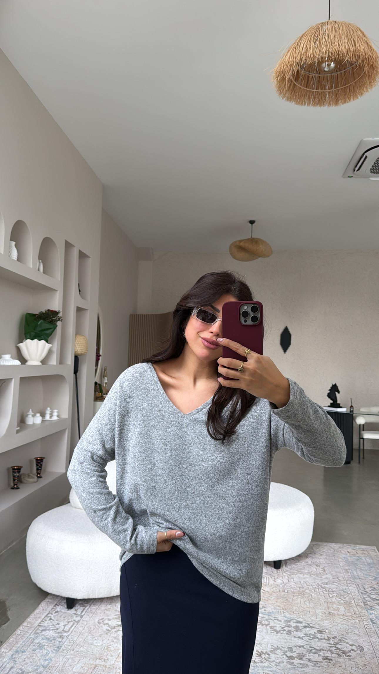 Gri Ön Arka V Yaka Bluz