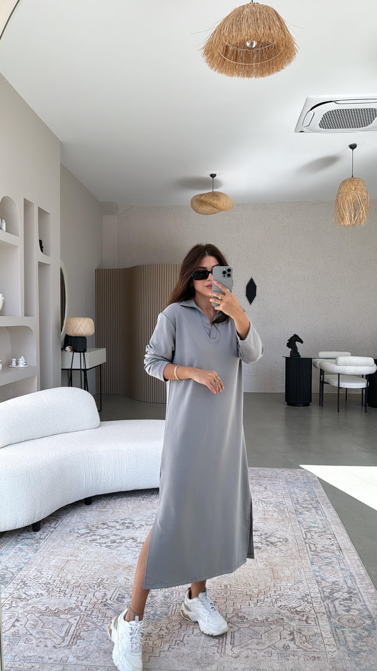 Gri Yakalı Modal Elbise