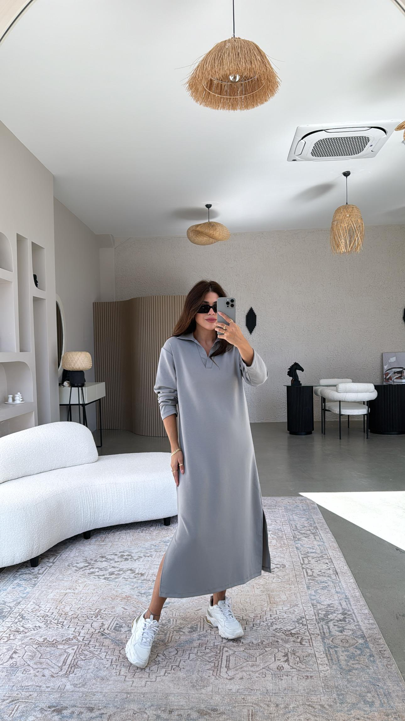 Gri Yakalı Modal Elbise