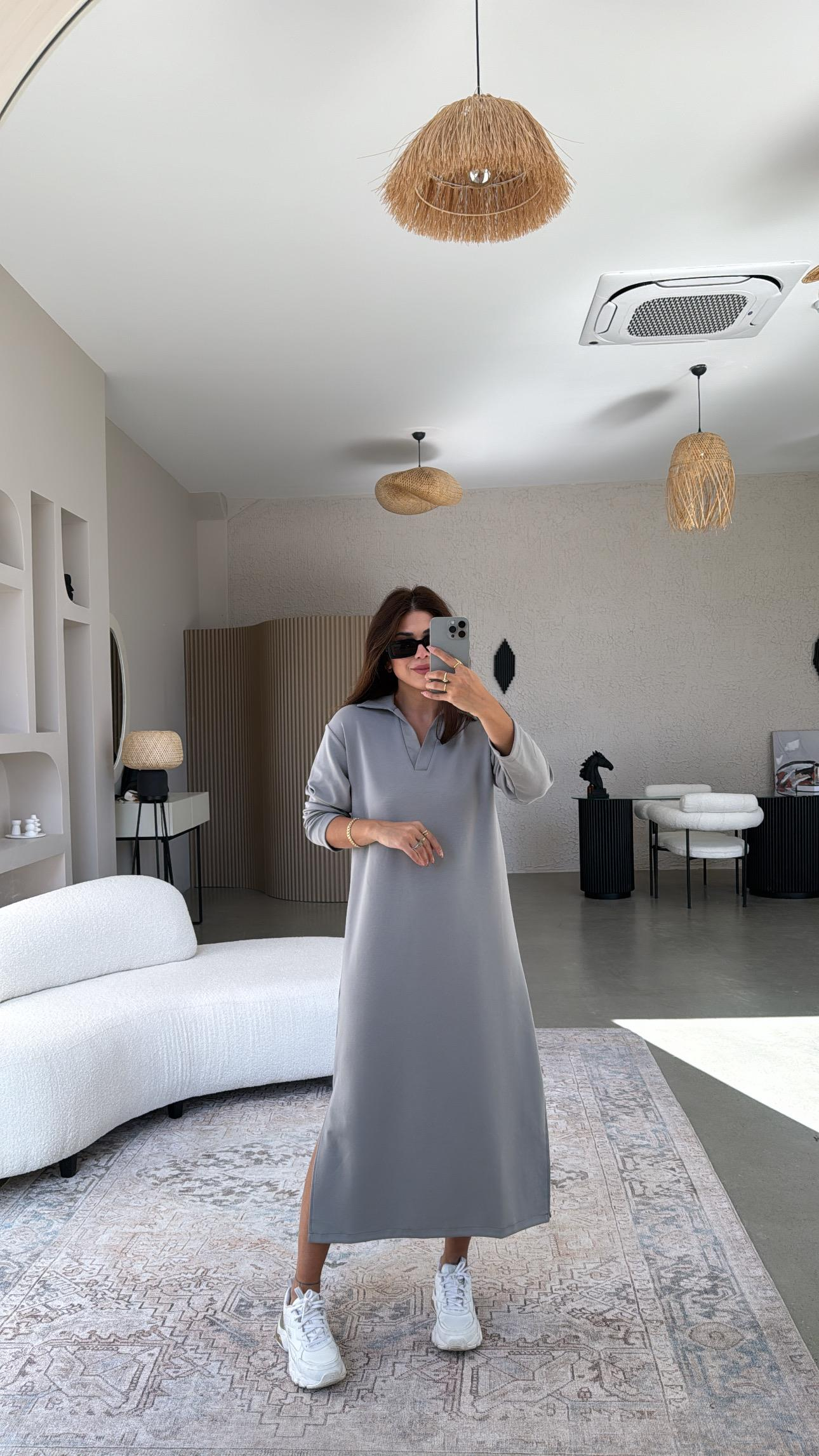 Gri Yakalı Modal Elbise