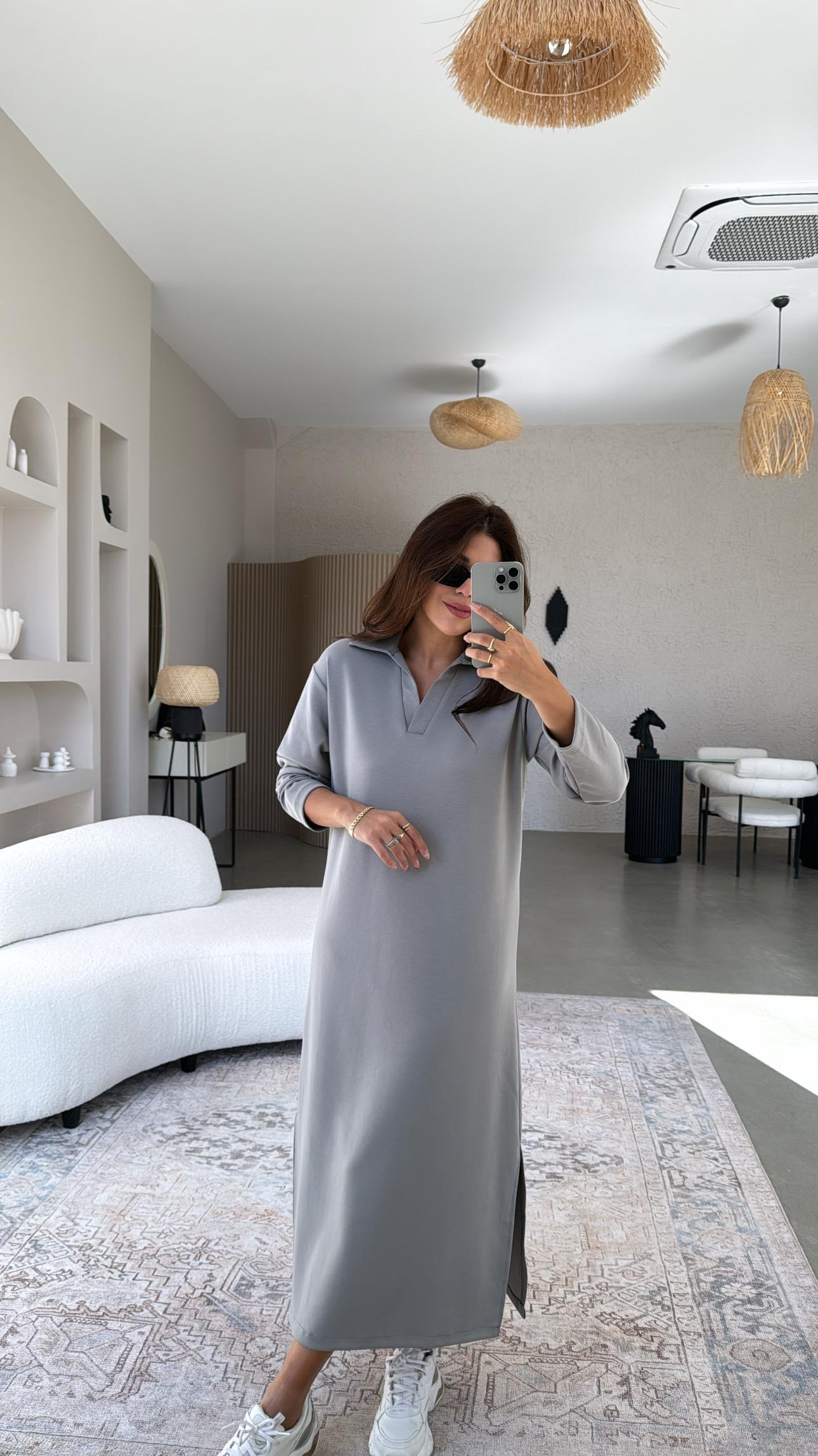 Gri Yakalı Modal Elbise