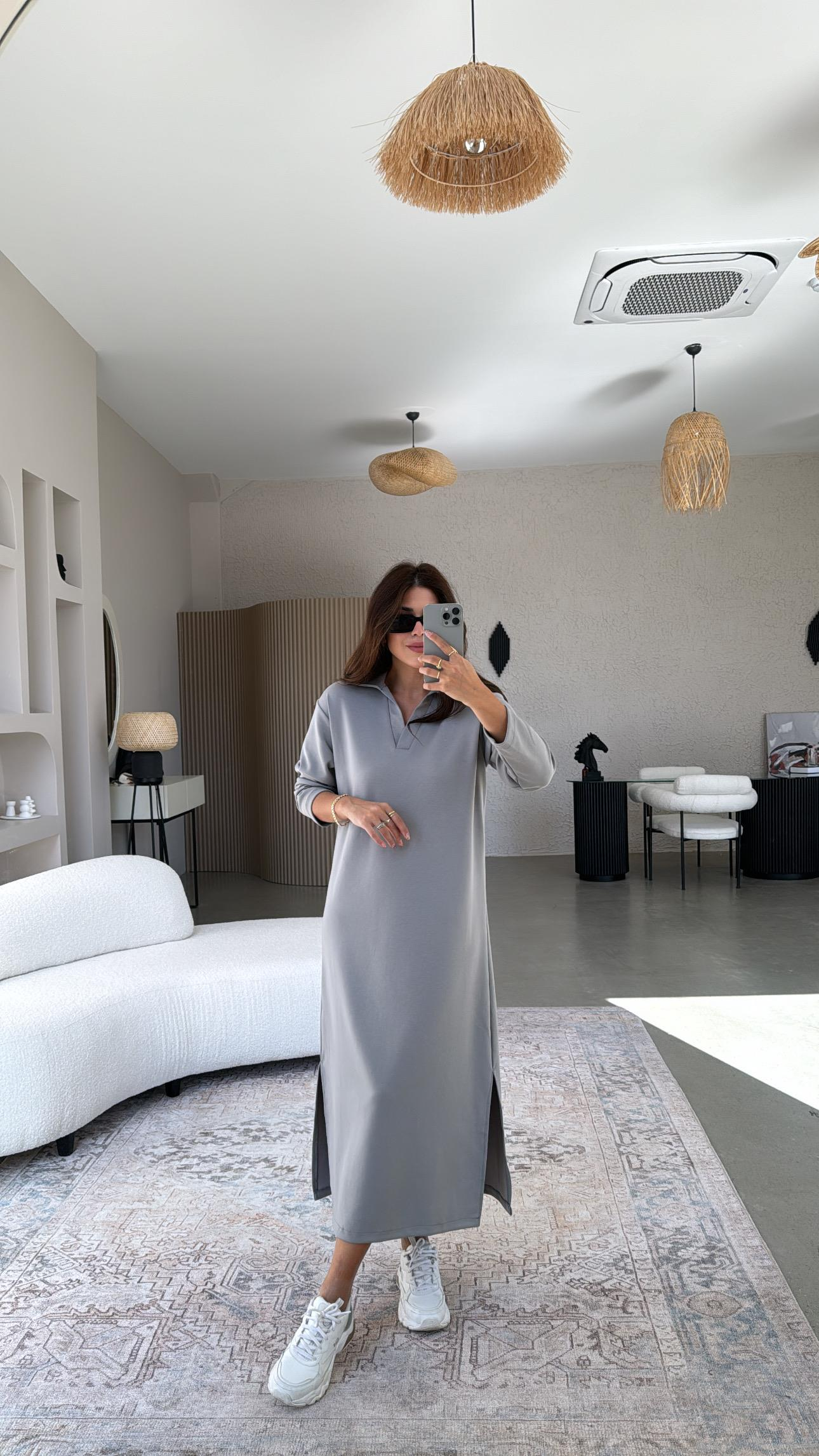 Gri Yakalı Modal Elbise