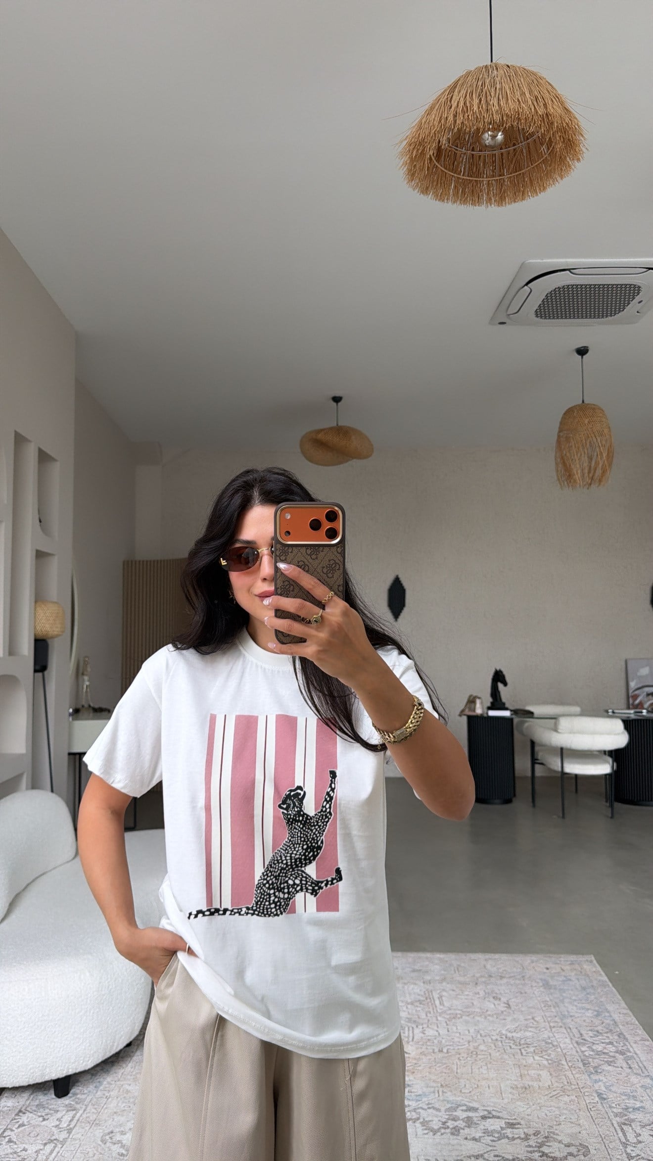Gülkurusu Çizgili Kaplan Baskılı Pamuklu Tshirt