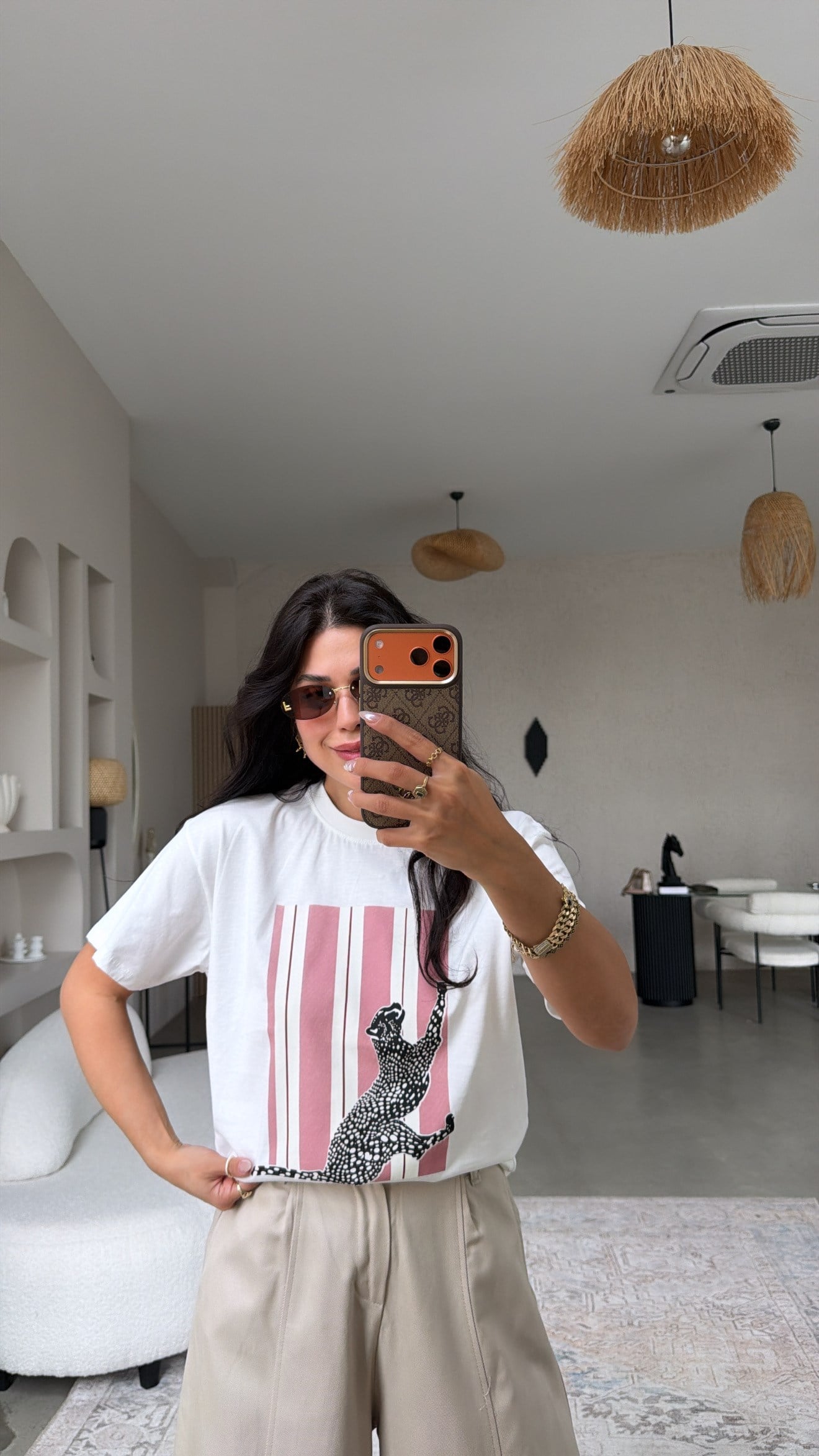 Gülkurusu Çizgili Kaplan Baskılı Pamuklu Tshirt