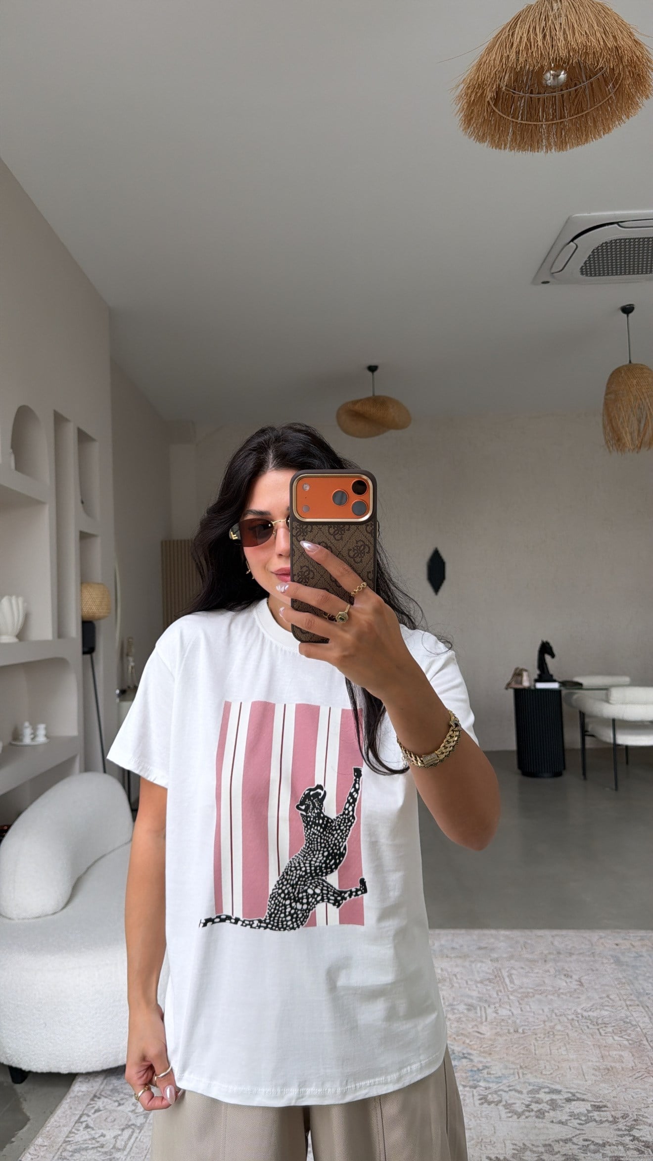Gülkurusu Çizgili Kaplan Baskılı Pamuklu Tshirt