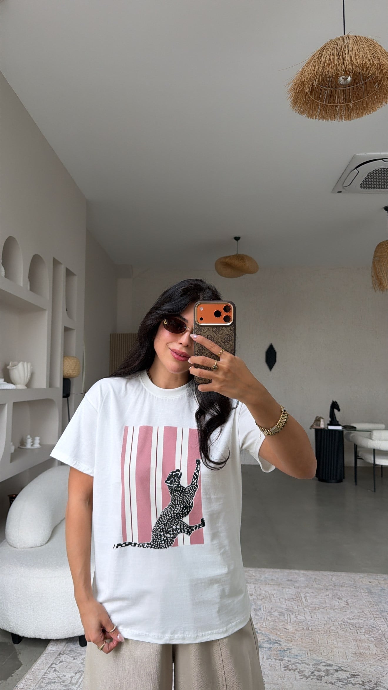 Gülkurusu Çizgili Kaplan Baskılı Pamuklu Tshirt