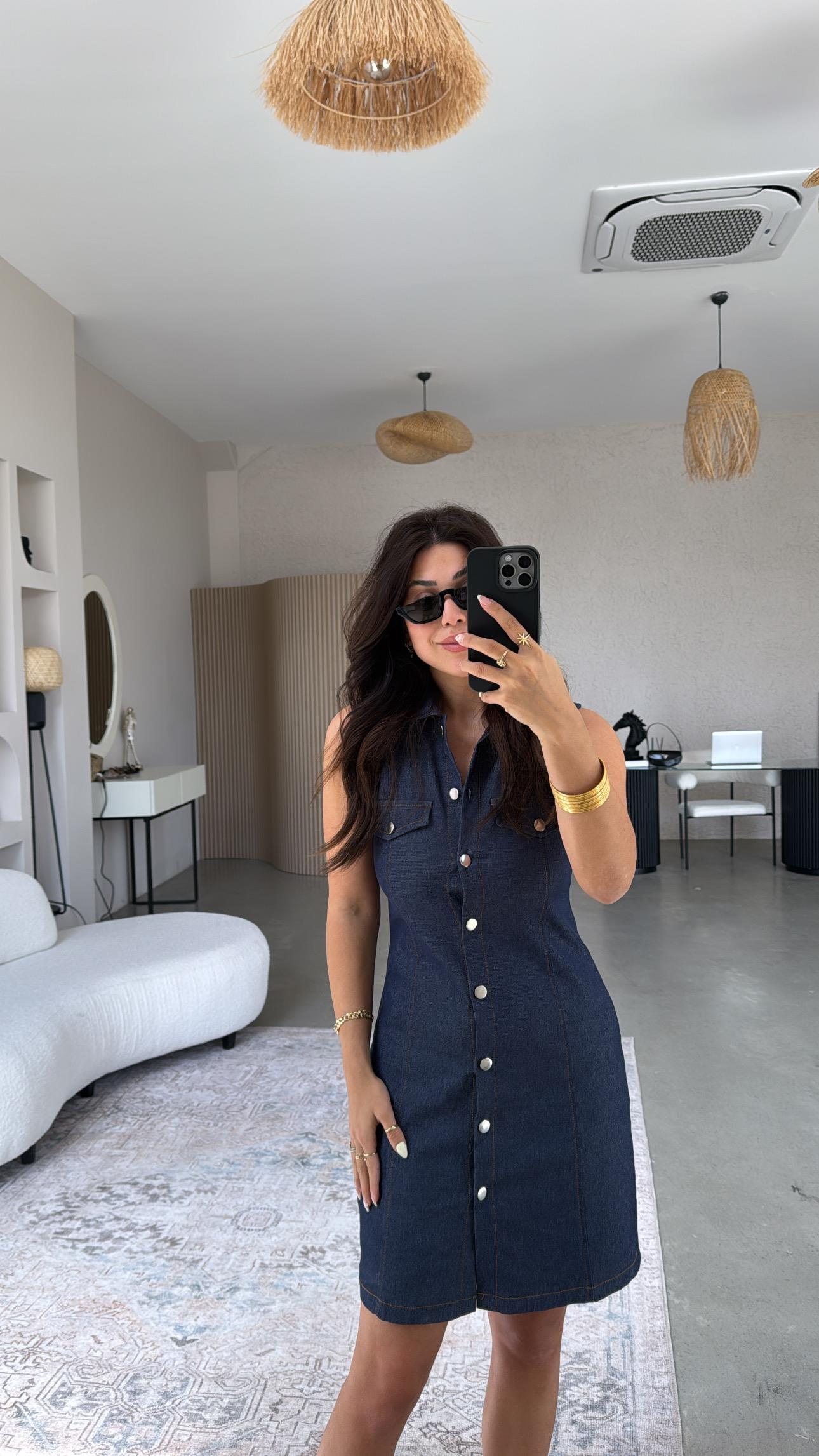 Gümüş Düğmeli Likralı Yakalı Denim Elbise