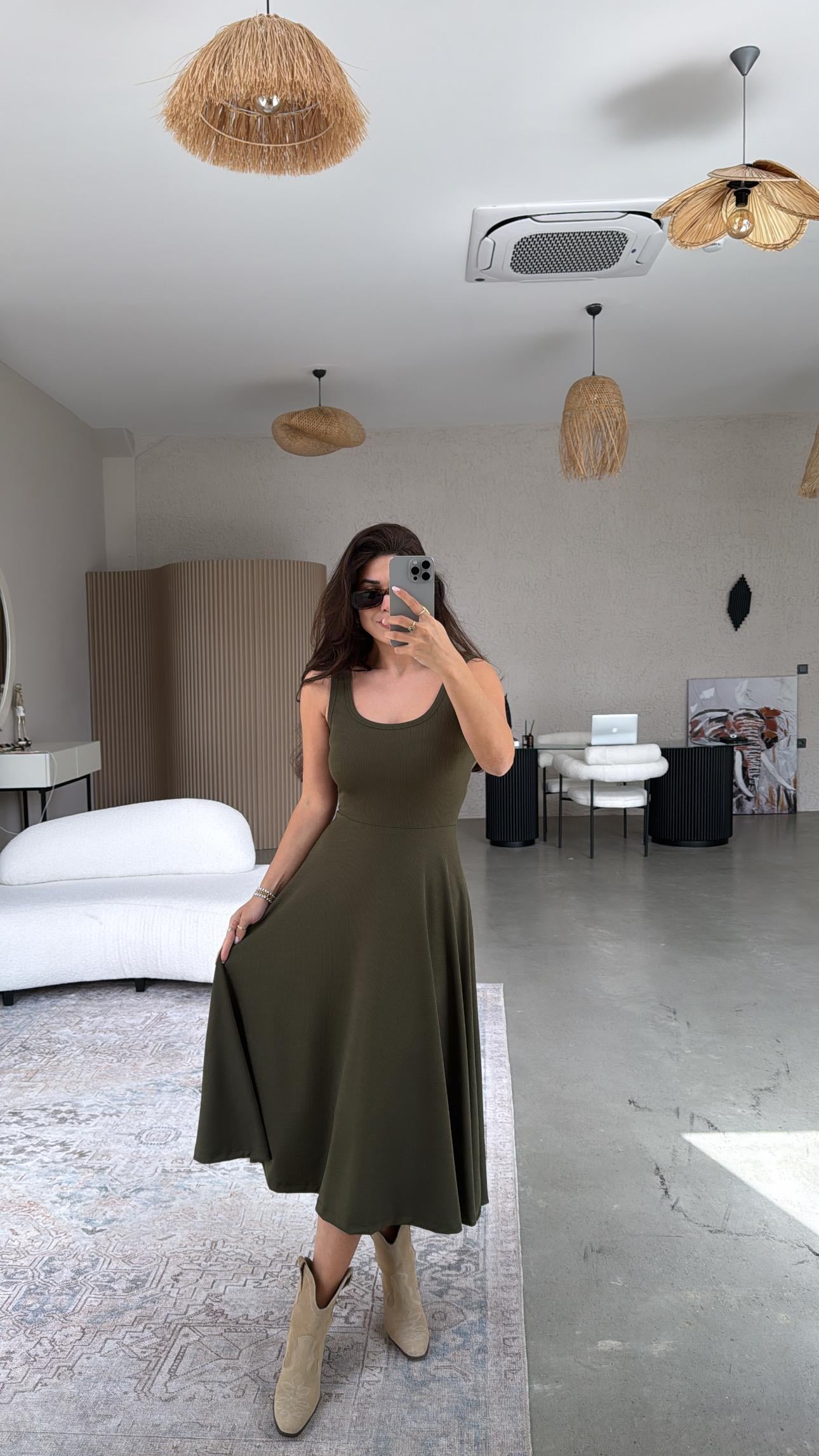 Haki Askılı Kaşkorse Elbise