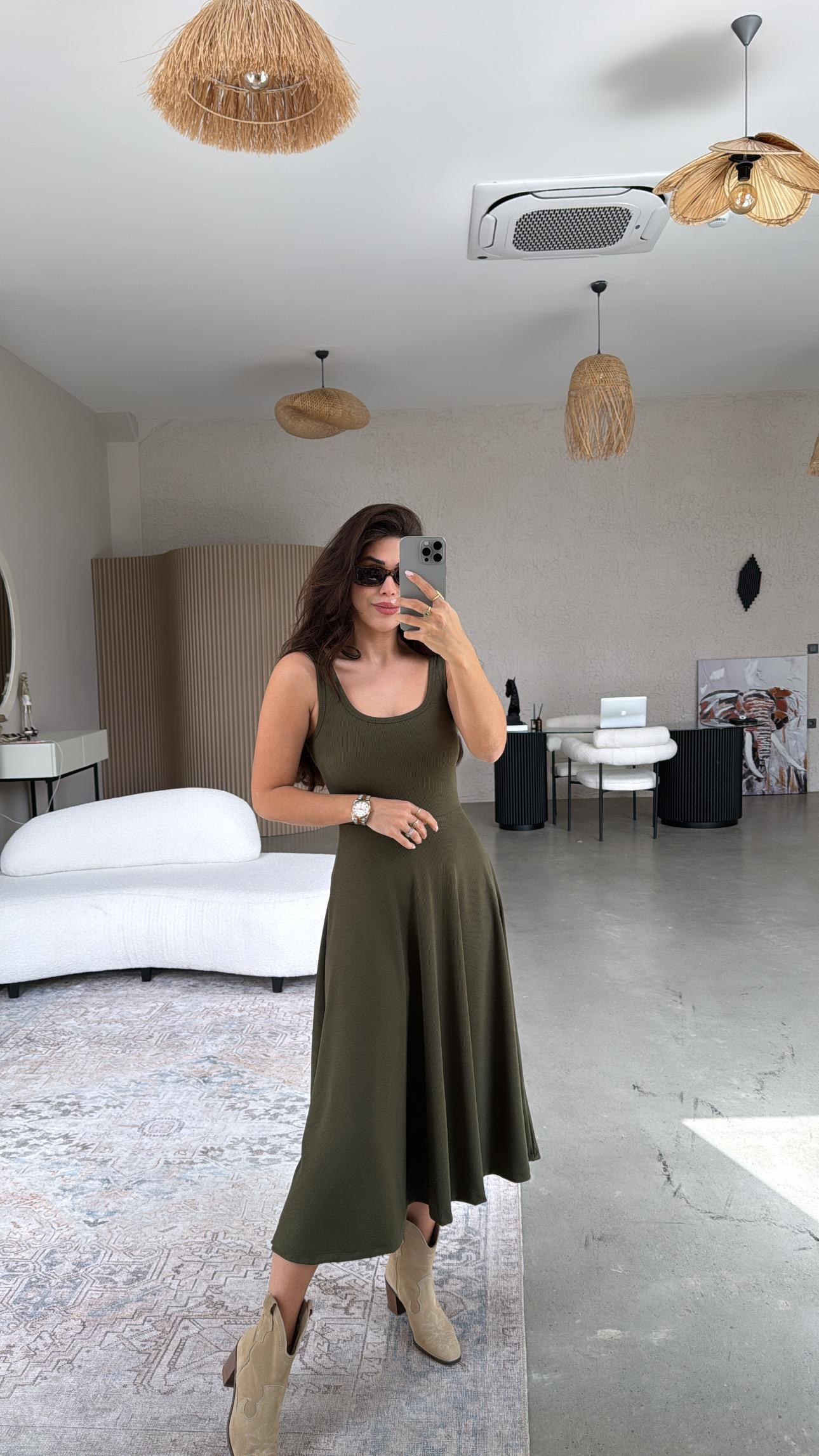Haki Askılı Kaşkorse Elbise