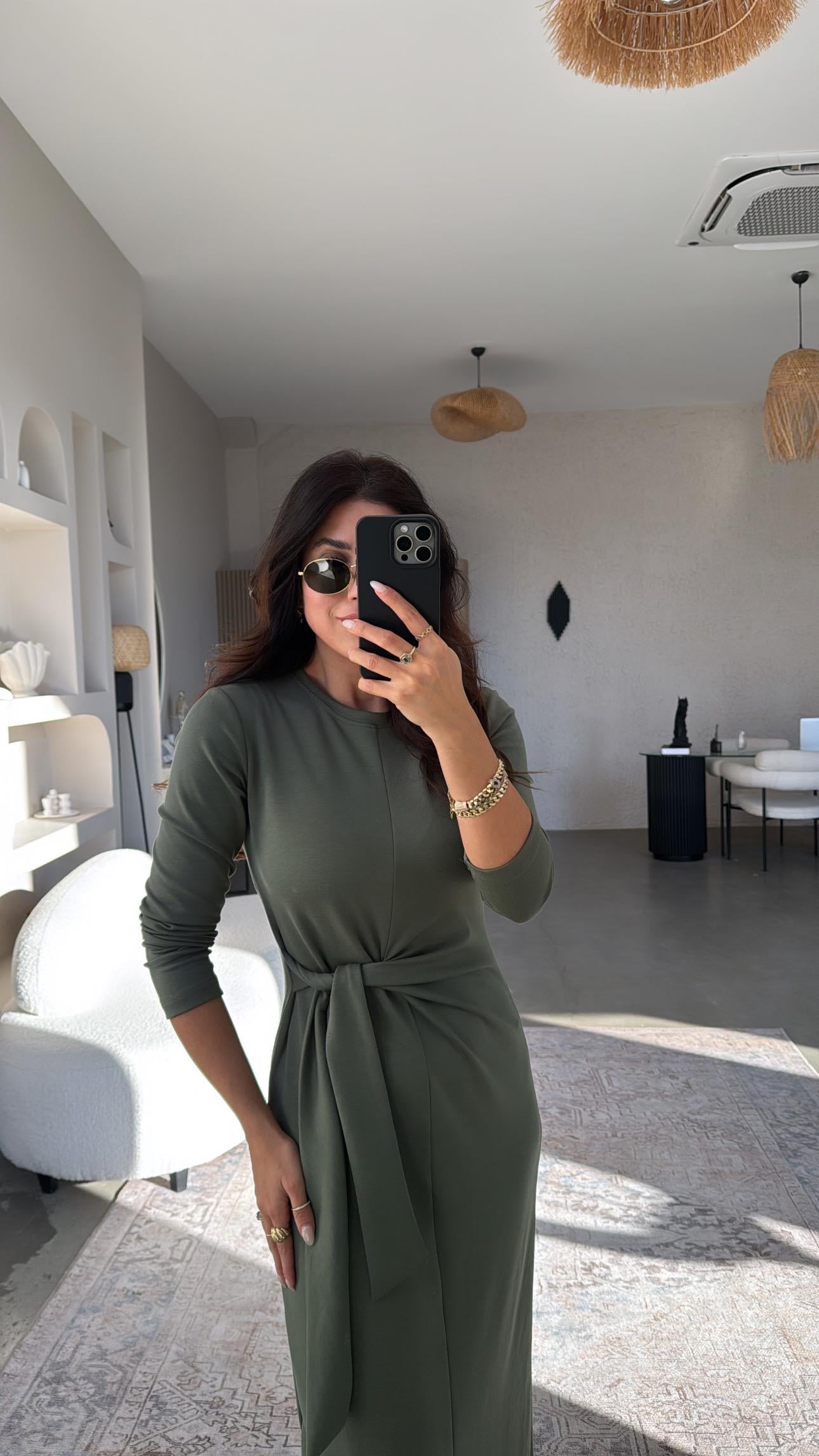 Haki Bağlamalı Modal Elbise