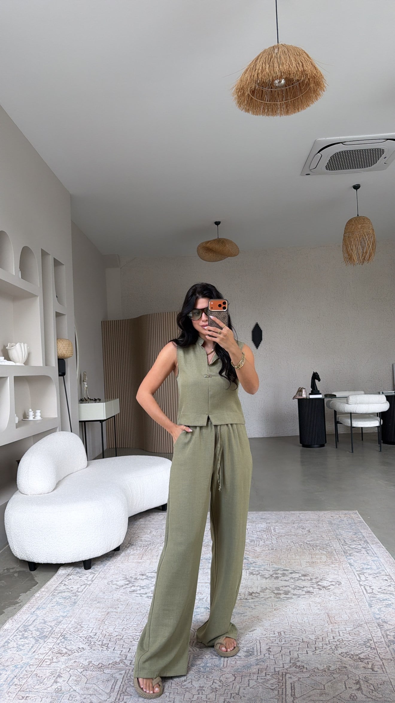 Haki Gümüş Aksesuarlı Pantolon Bluz Takım