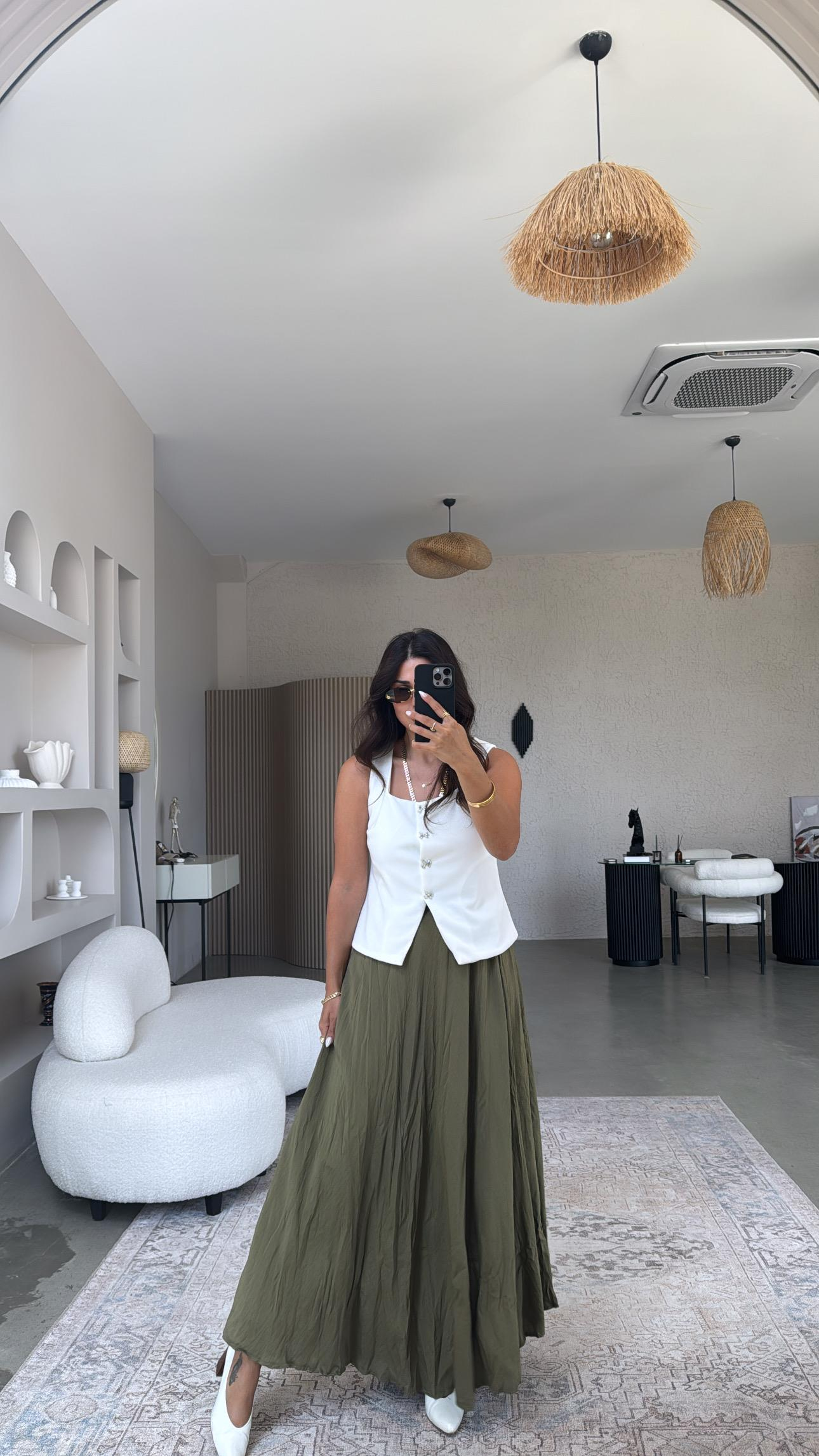 Haki Kırışık Modal Dokuma Etek