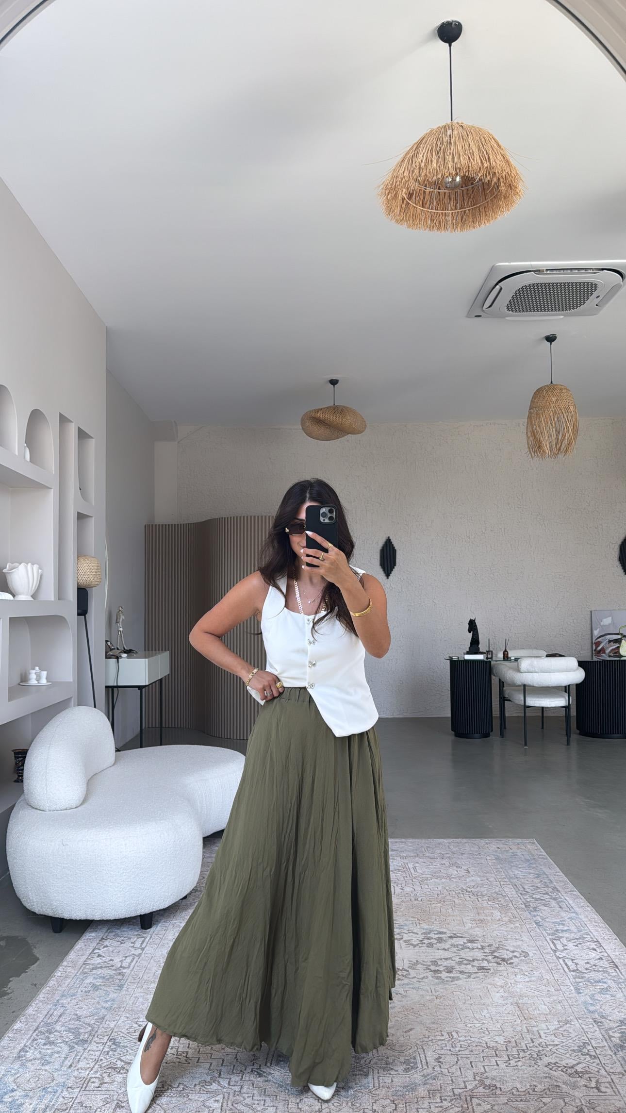 Haki Kırışık Modal Dokuma Etek