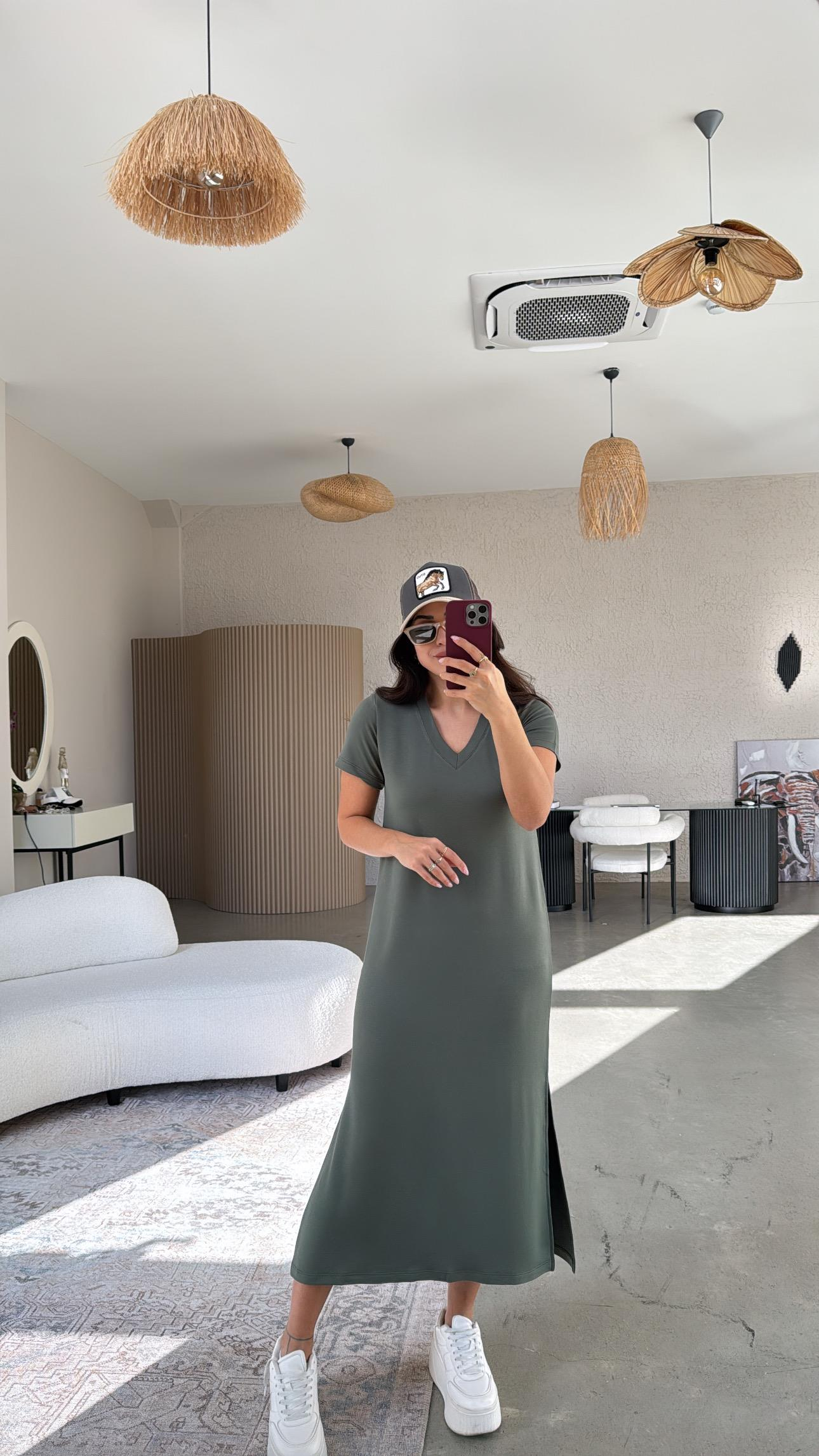 Haki Kısa Kol V Yaka Basic Elbise