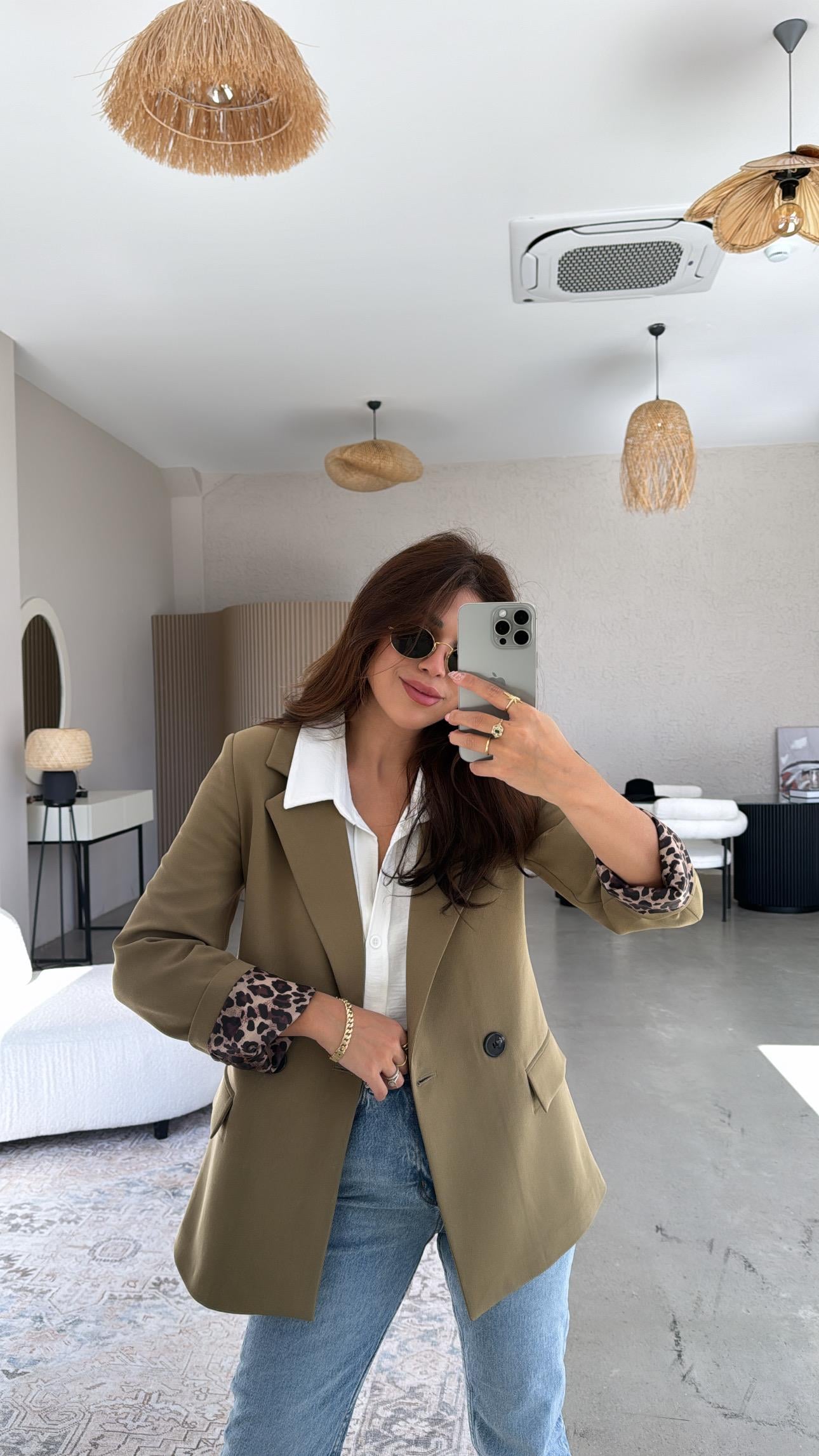 Haki Leopar Astarlı Ceket
