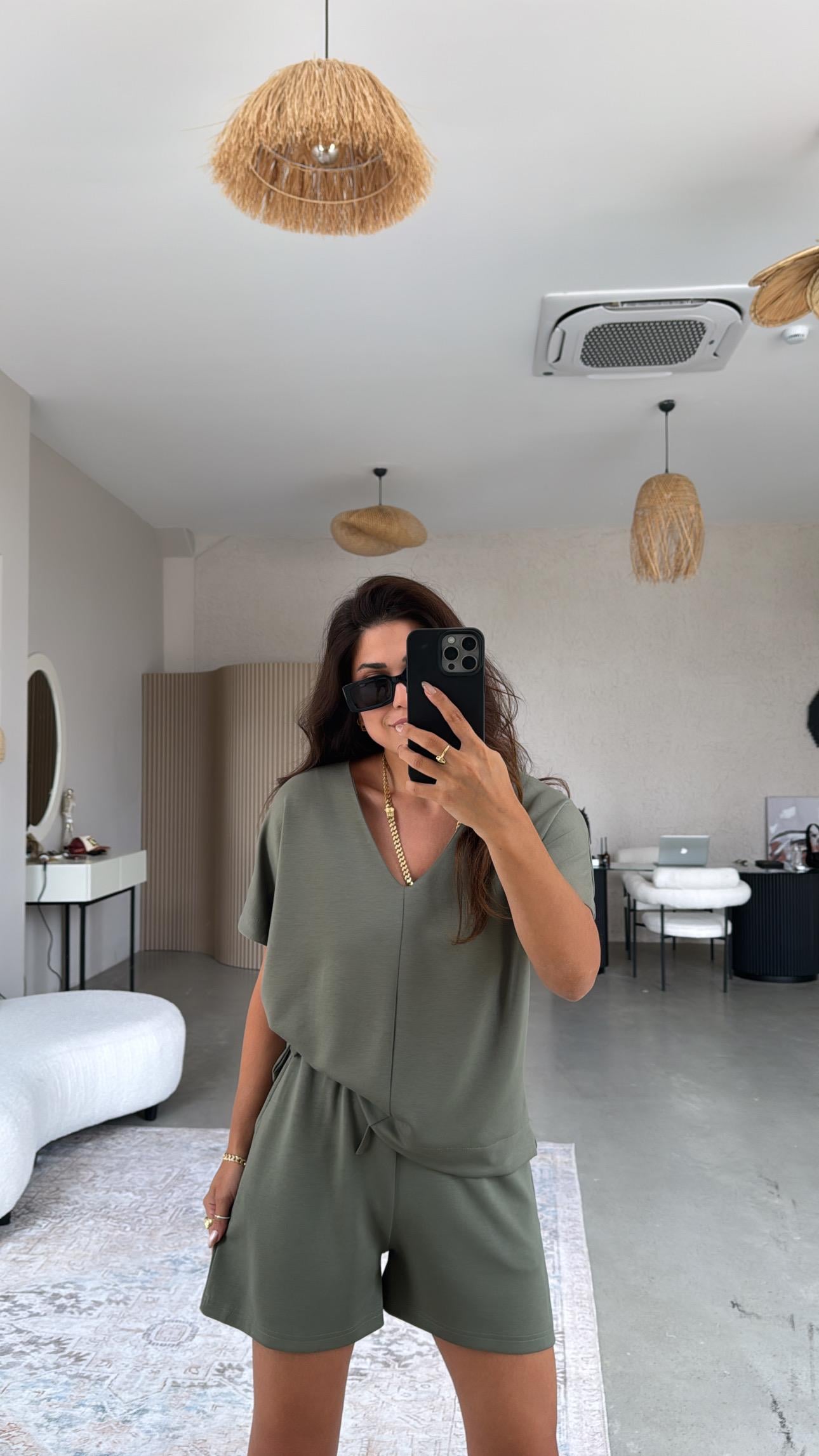 Haki Şort Bluz Modal Takım