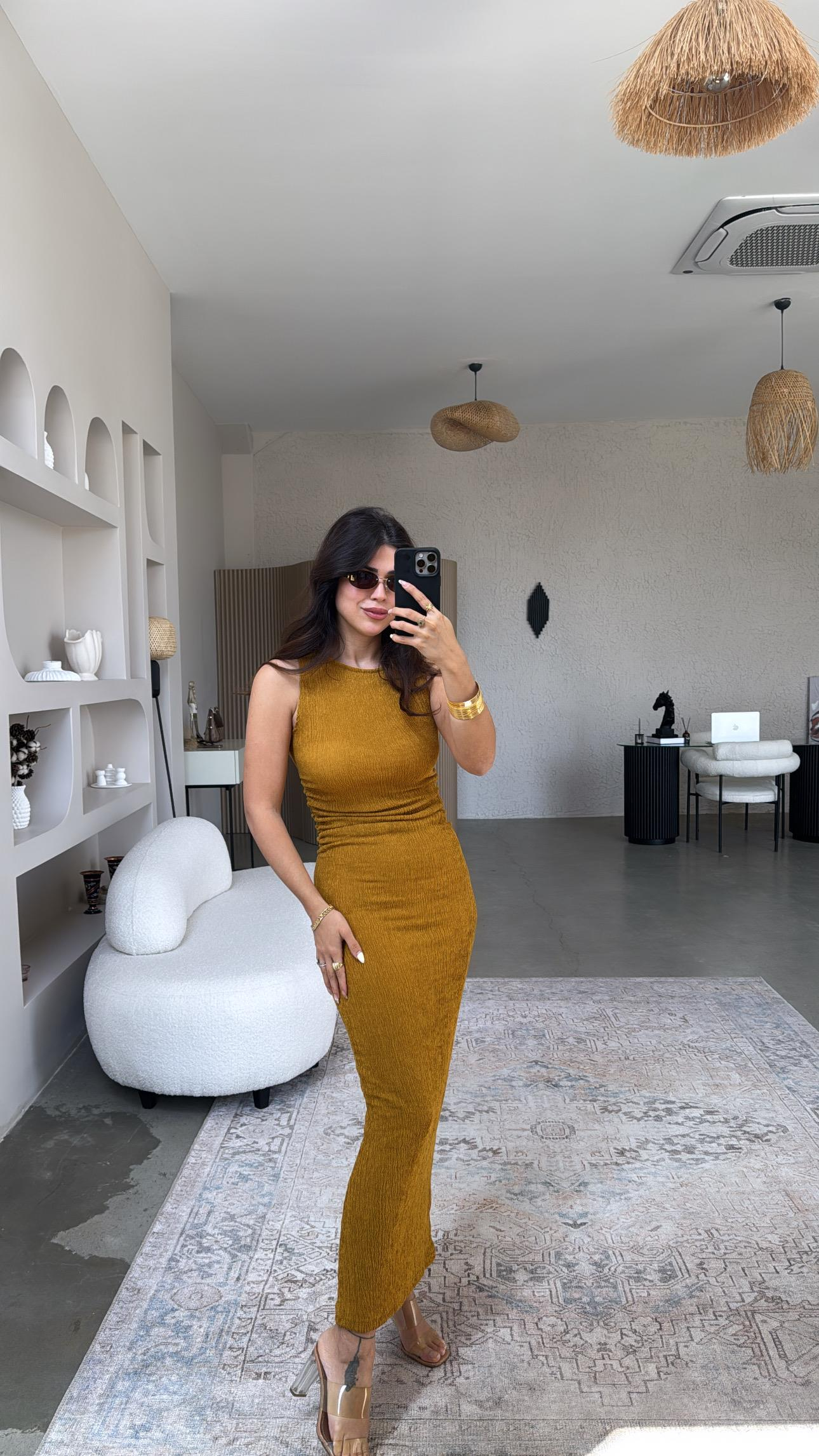 Hardal Bürümcük ZR Model Büzgü Detay Elbise