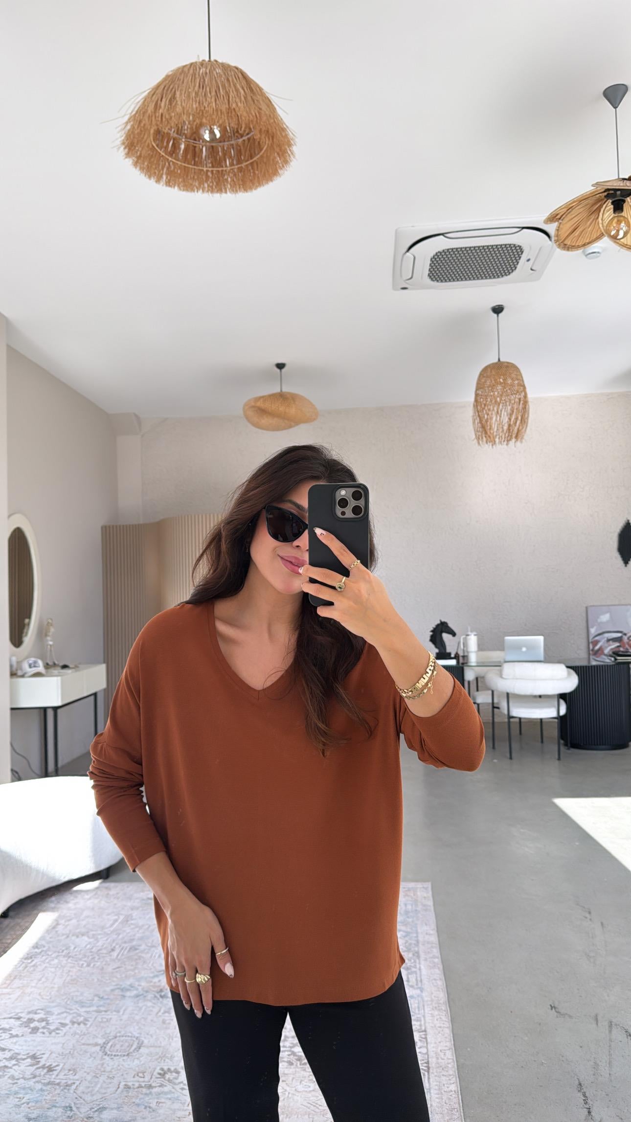 Hardal V Yaka Basic İnce Triko Bluz