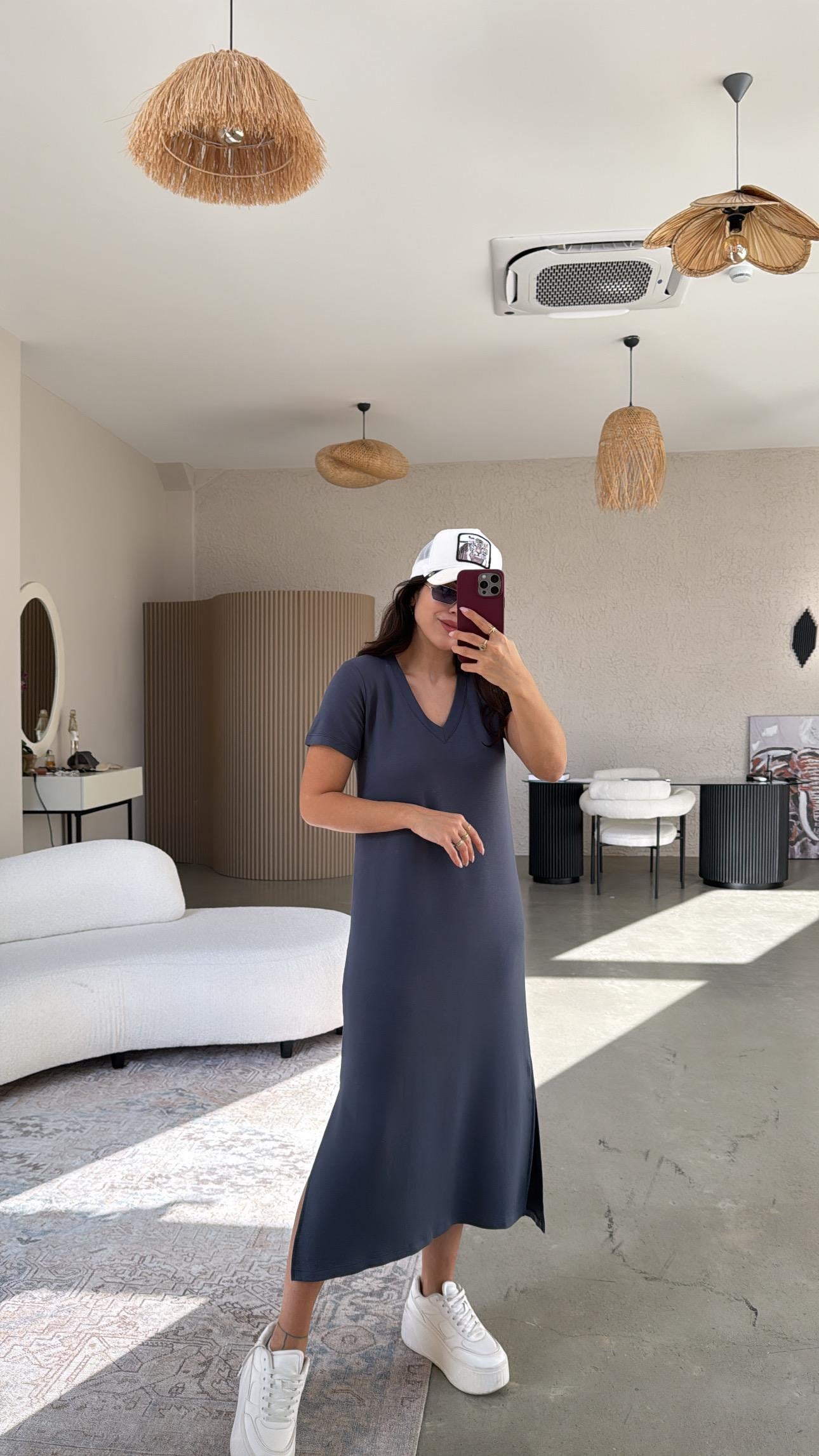 İndigo Kısa Kol V Yaka Basic Elbise