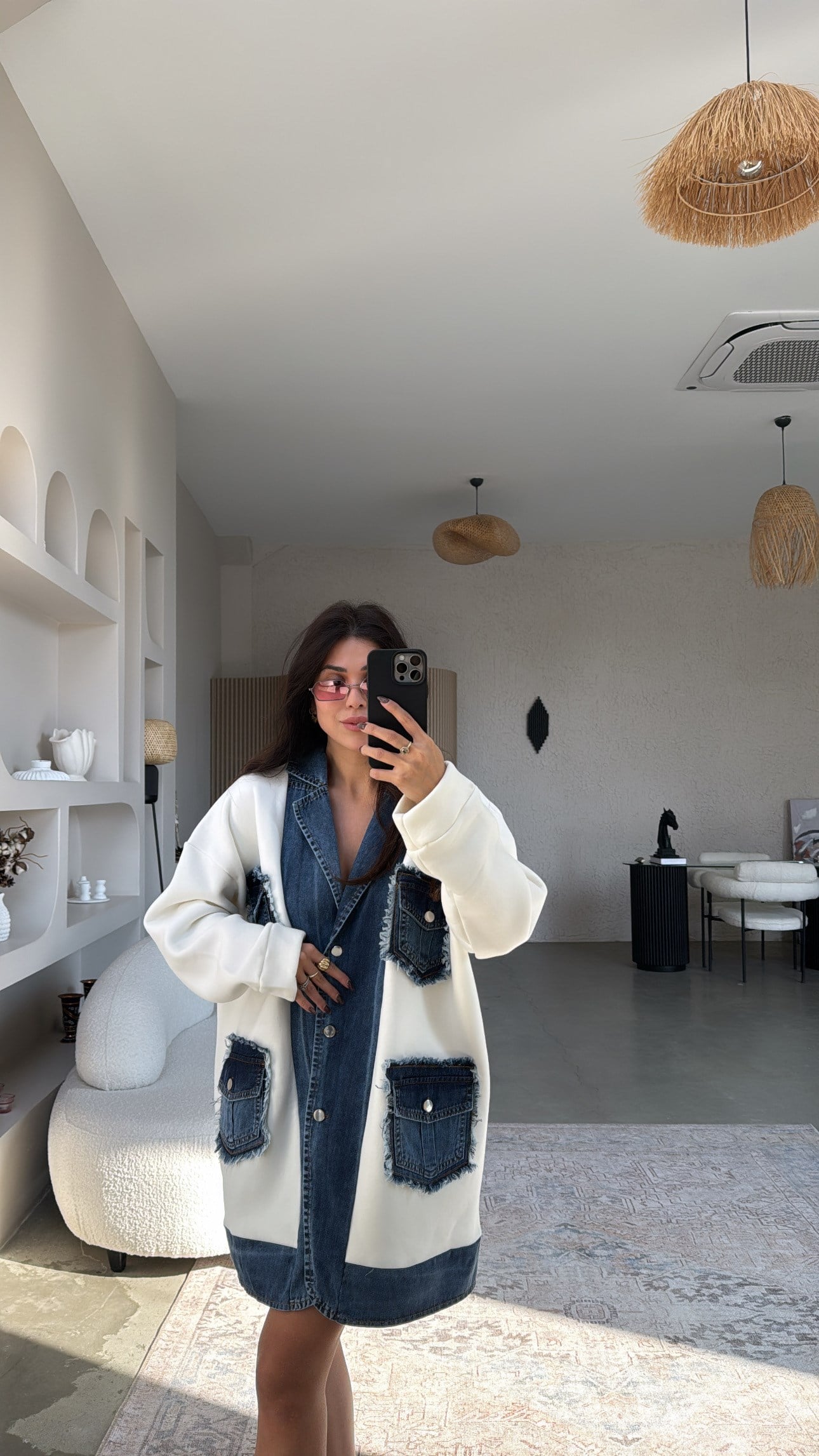 Jean Detaylı İthal Oversize Şardonlu Uzun Ceket