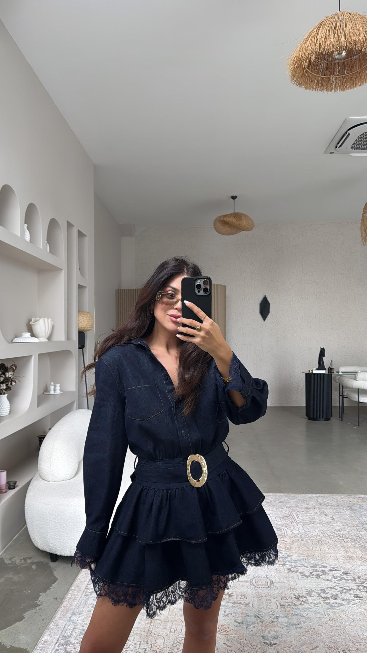 Jean Kumaş Premium Çift Kat Dantel Detaylı Elbise