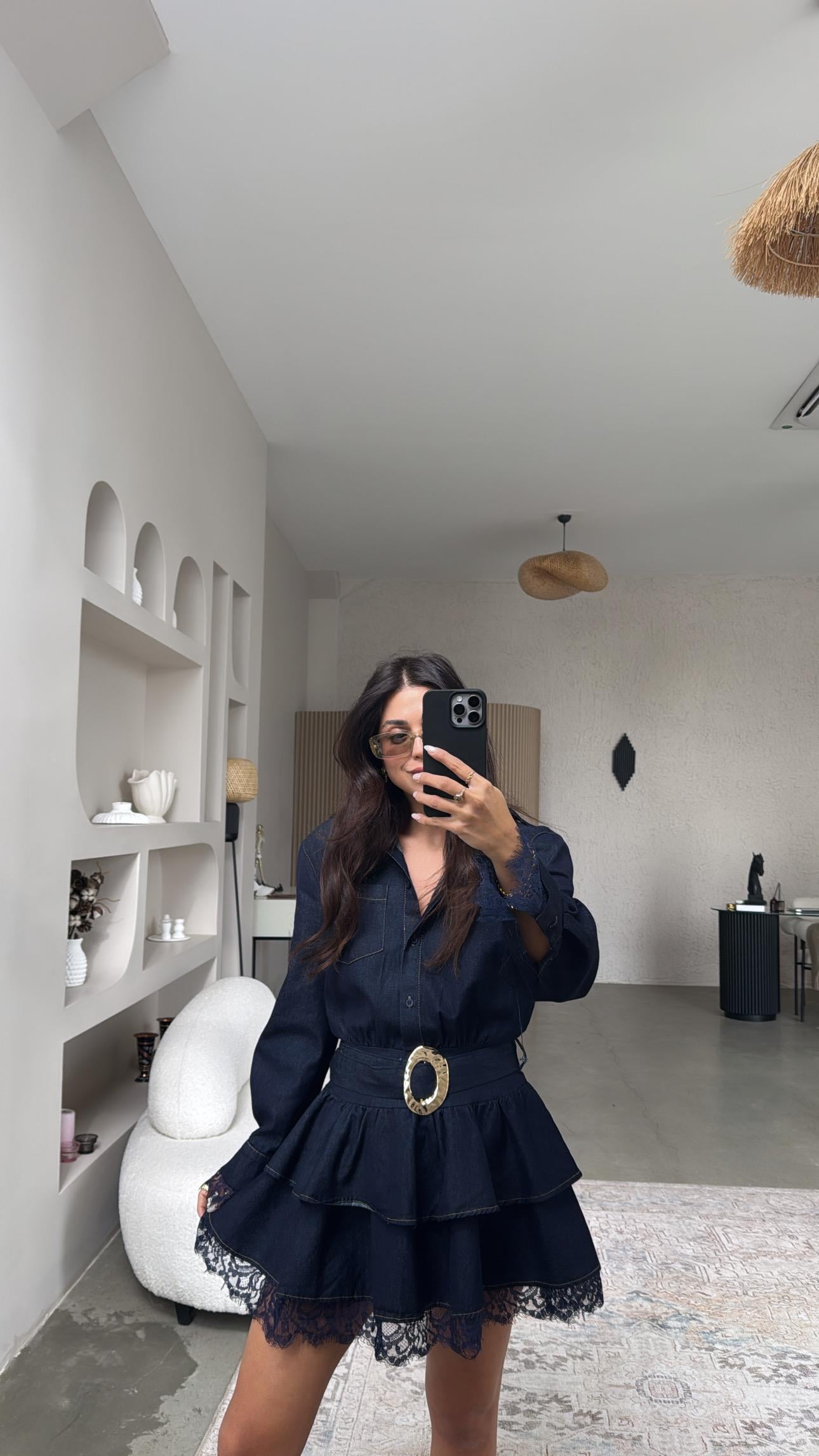 Jean Kumaş Premium Çift Kat Dantel Detaylı Elbise