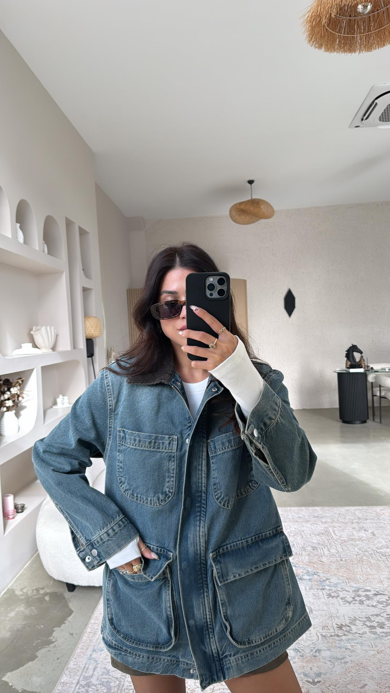 Kadife Yakalı Premium Denim Ceket