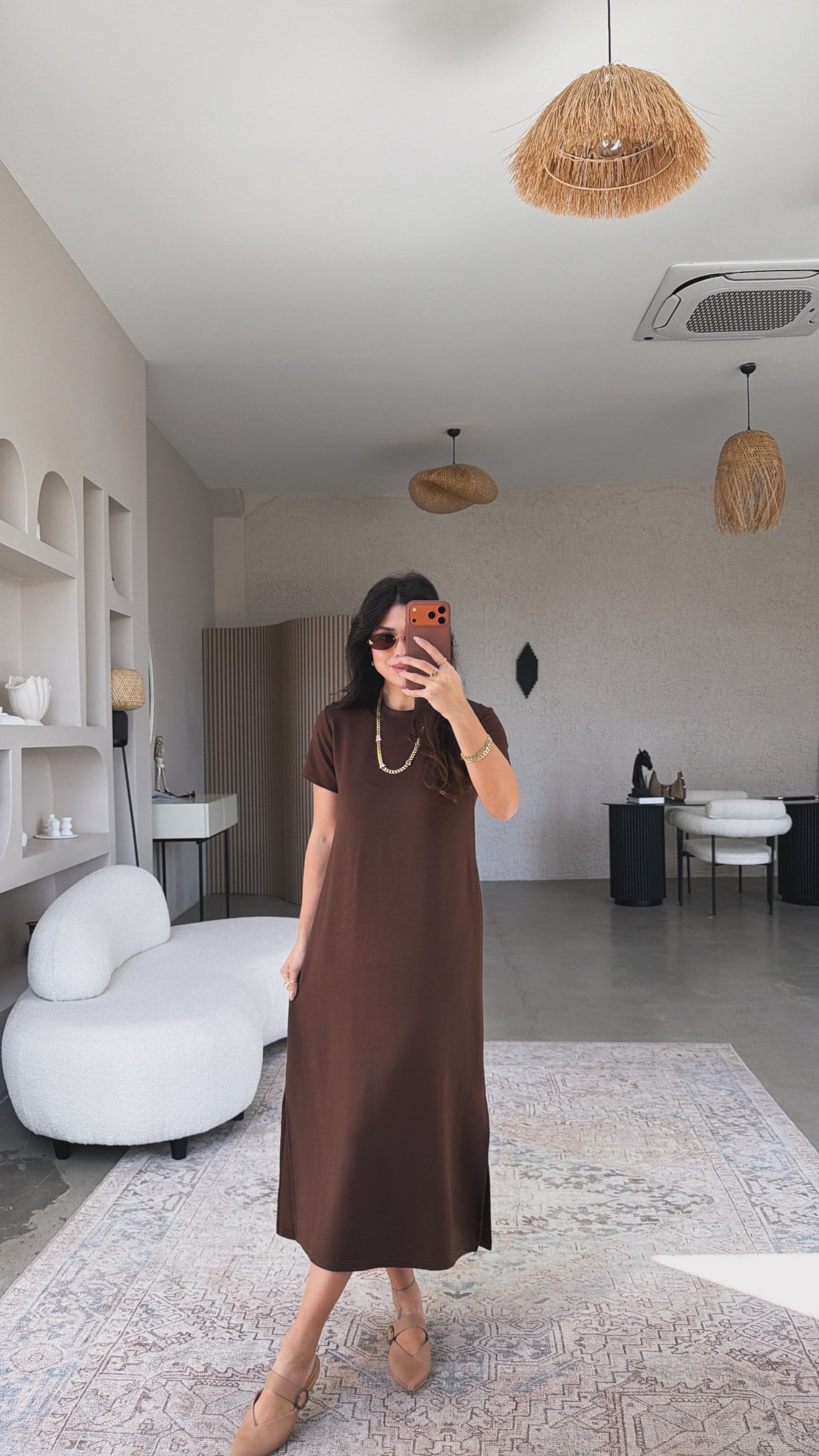 Kahverengi Çift Yırtmaçlı Basic Modal Elbise