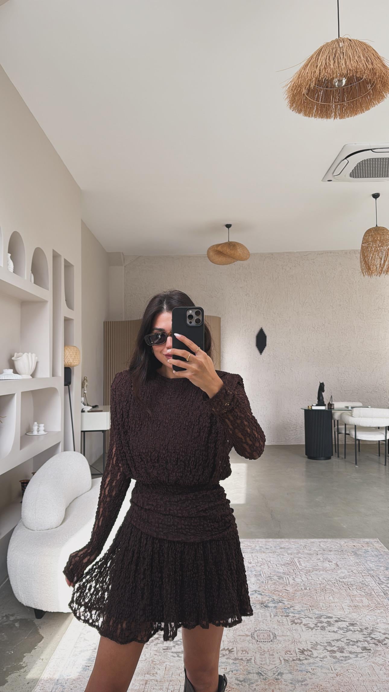 Kahverengi Drape Detaylı Dantel Elbise