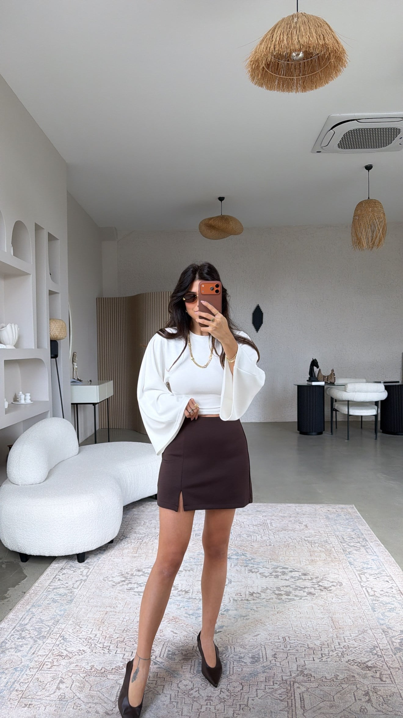 Kahverengi Modal Mini Yırtmaçlı Şortlu Etek