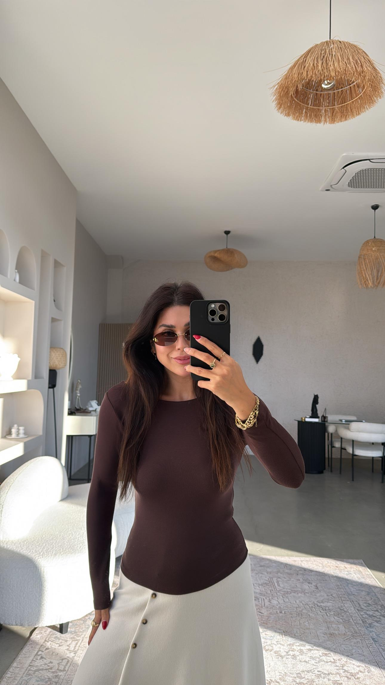 Kahverengi Pyr Uzun Kol Basic Bluz