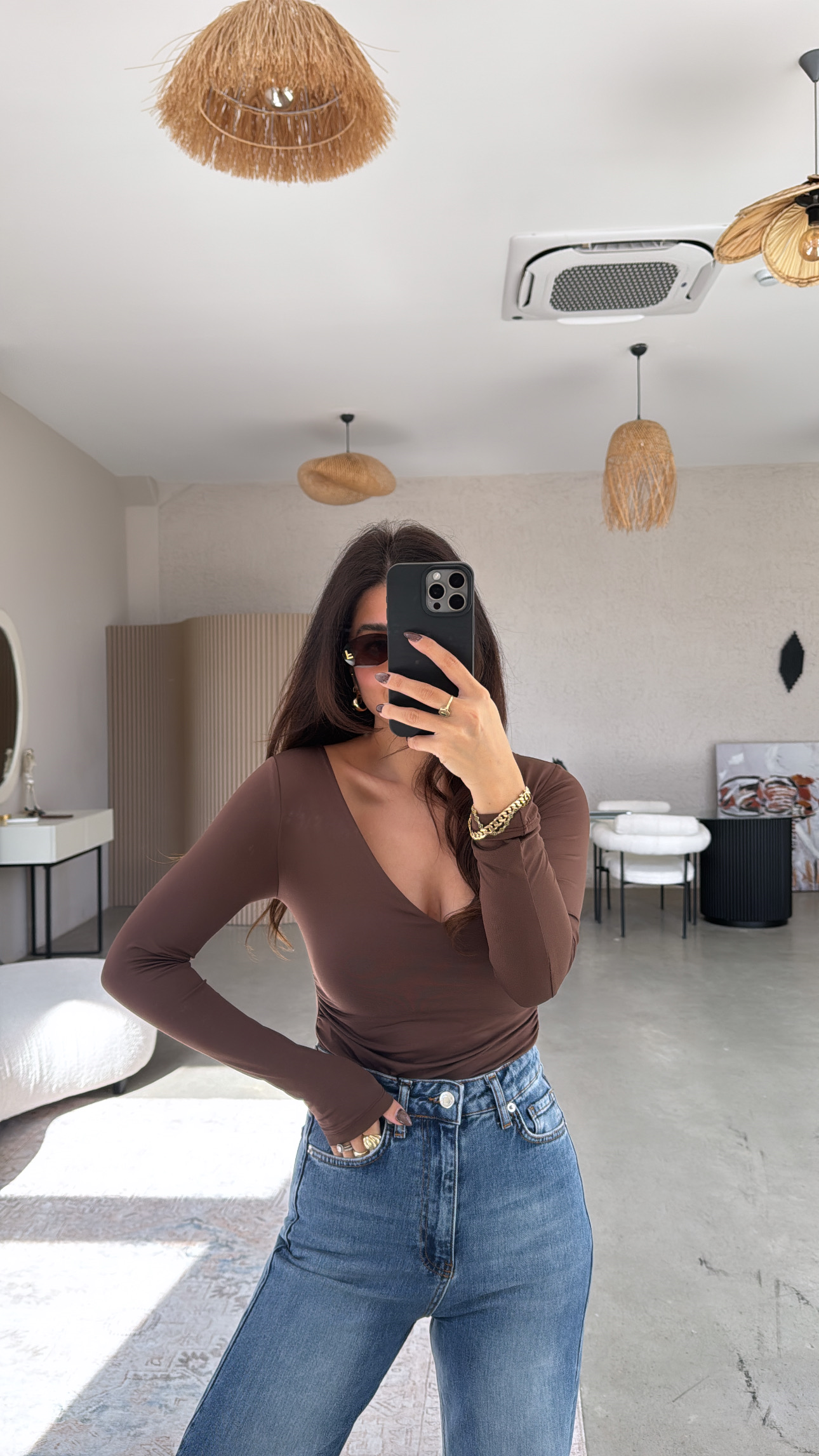 Kahverengi V Yaka Polyamid Bodysuit