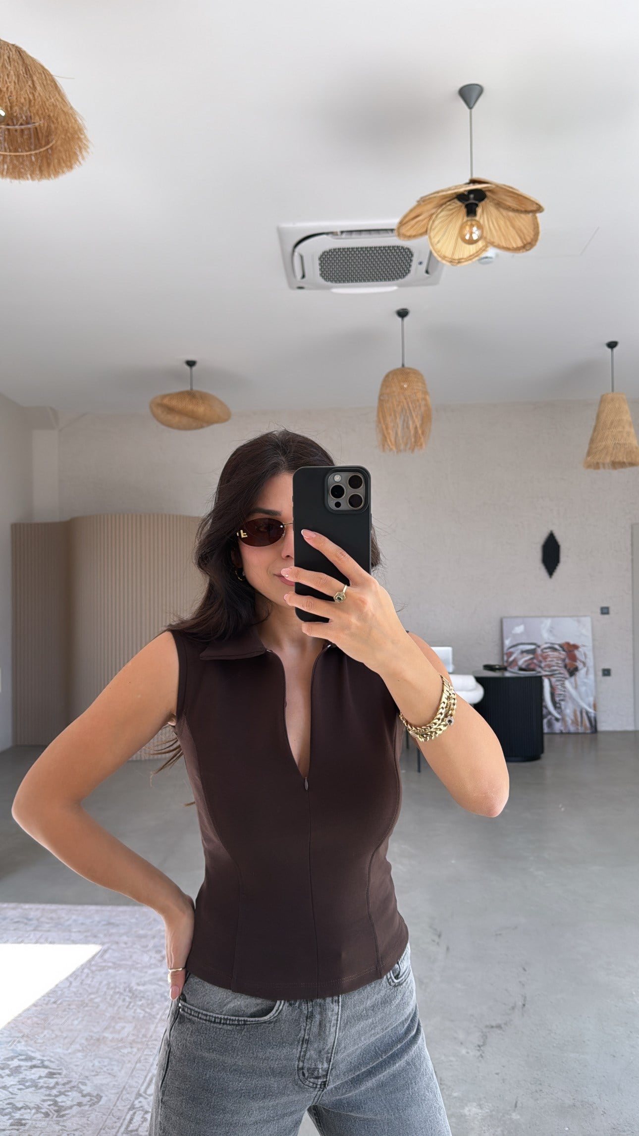 Kahverengi Yakalı Fermuarlı Basic