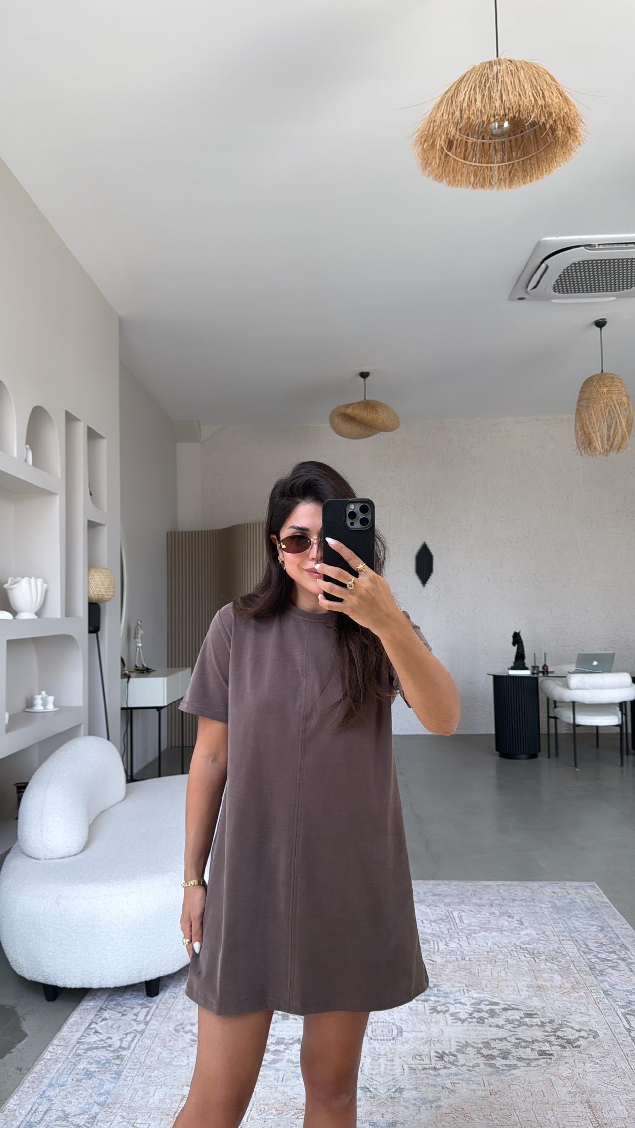 Kahverengi Yıkamalı Mini Elbise