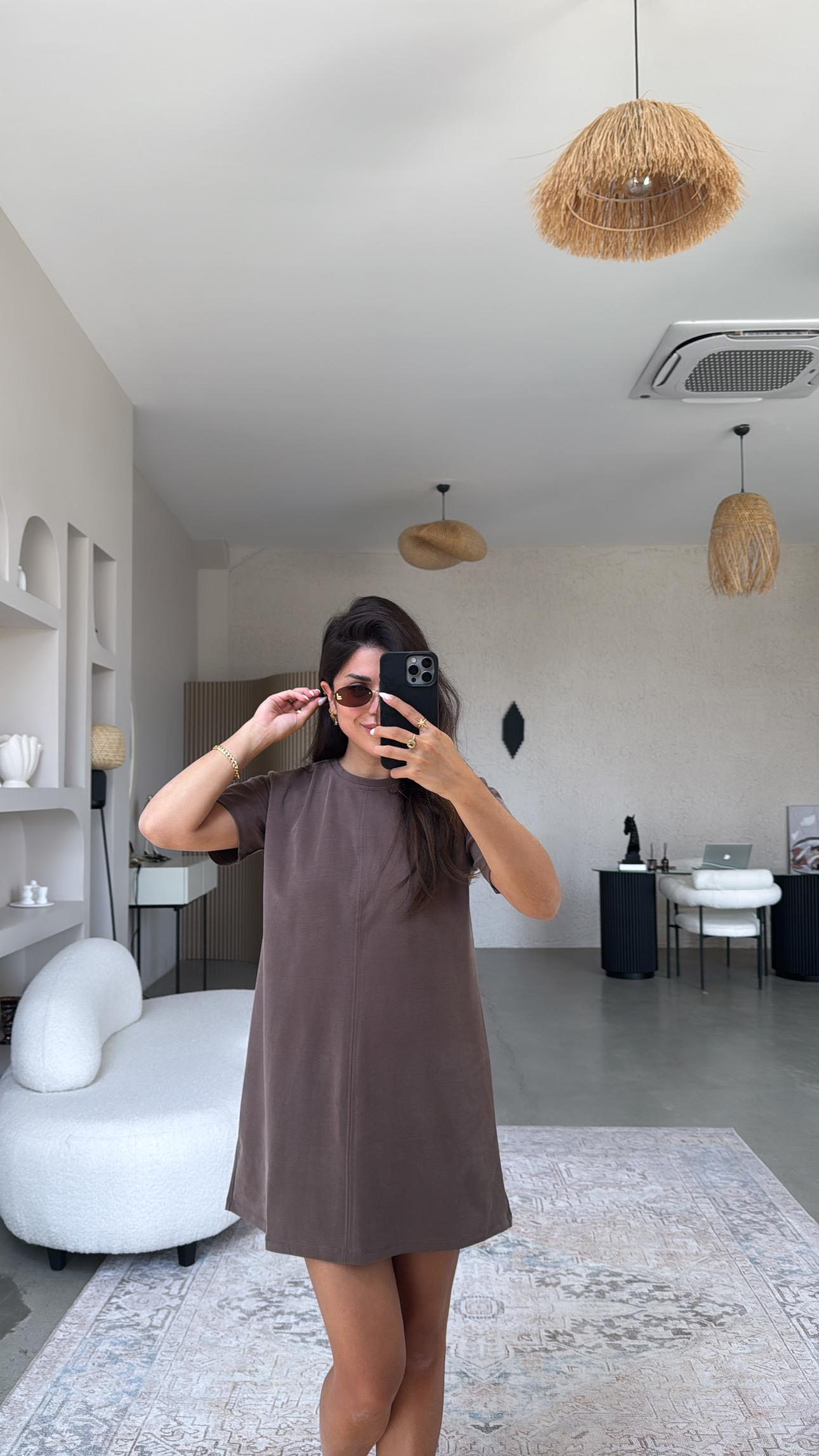 Kahverengi Yıkamalı Mini Elbise