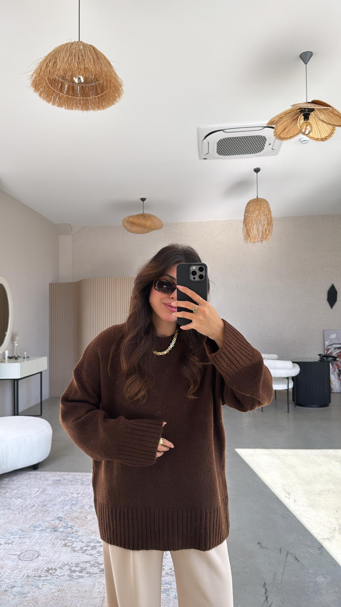 Kahverengi Yumoş Bisiklet Yaka Basic Kazak