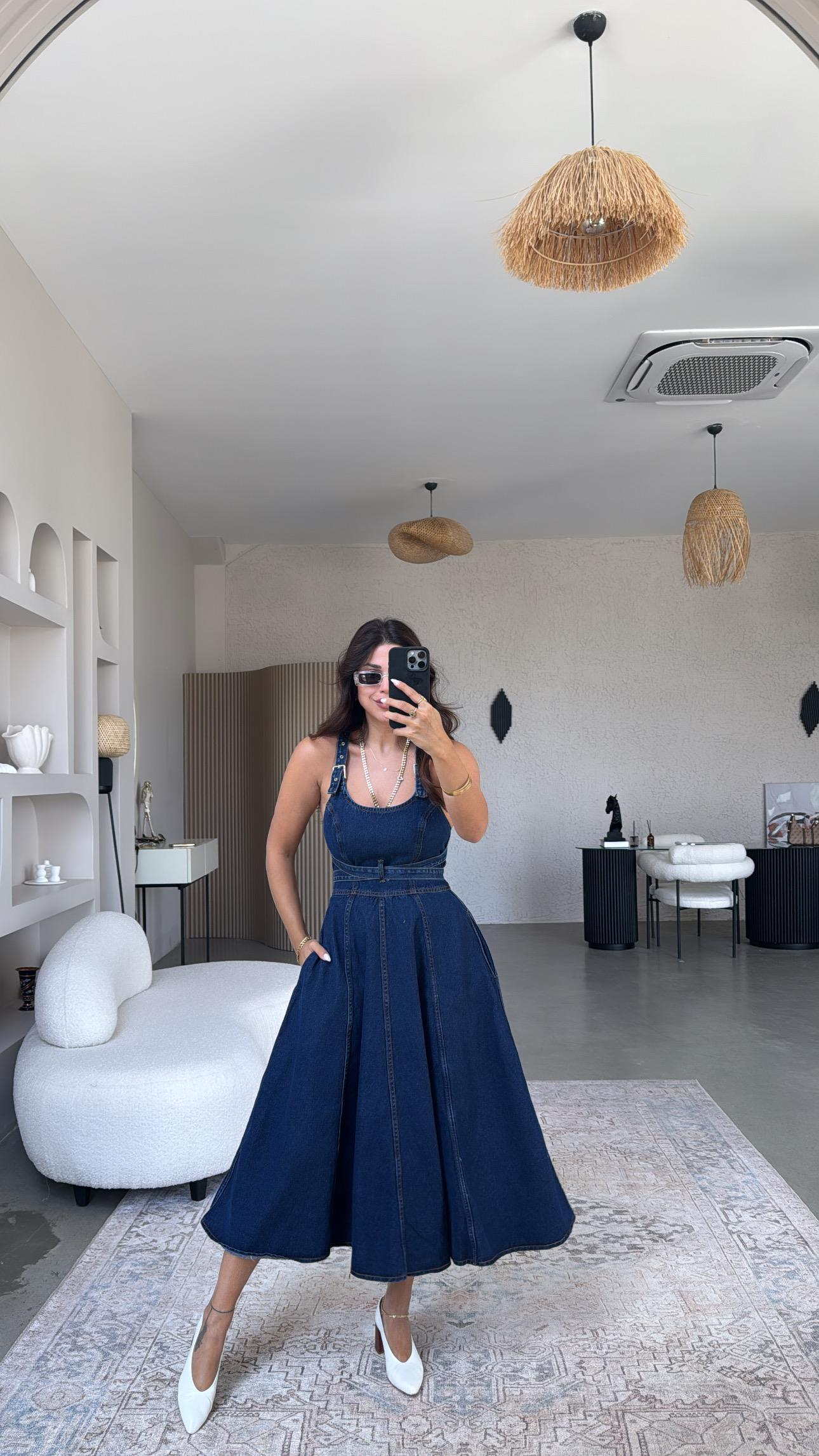 Kemerli Premium Sırtı Çapraz Jean Elbise