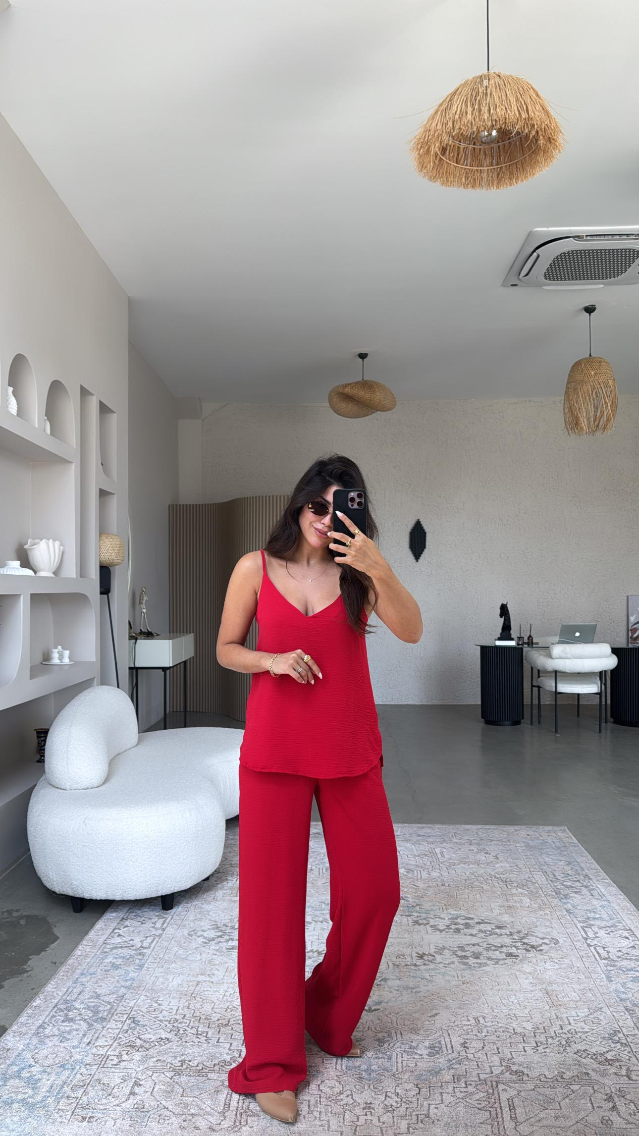 Kırmızı İp Askılı Basic Tiril Takım