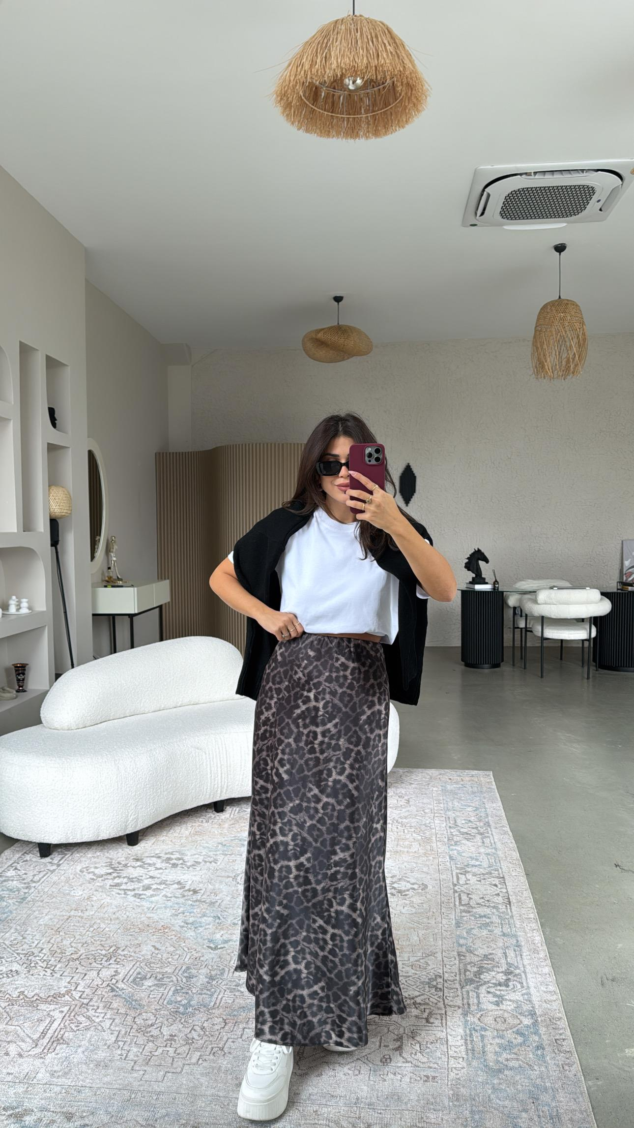 Koyu Leopar Maxi Boy Çan Etek