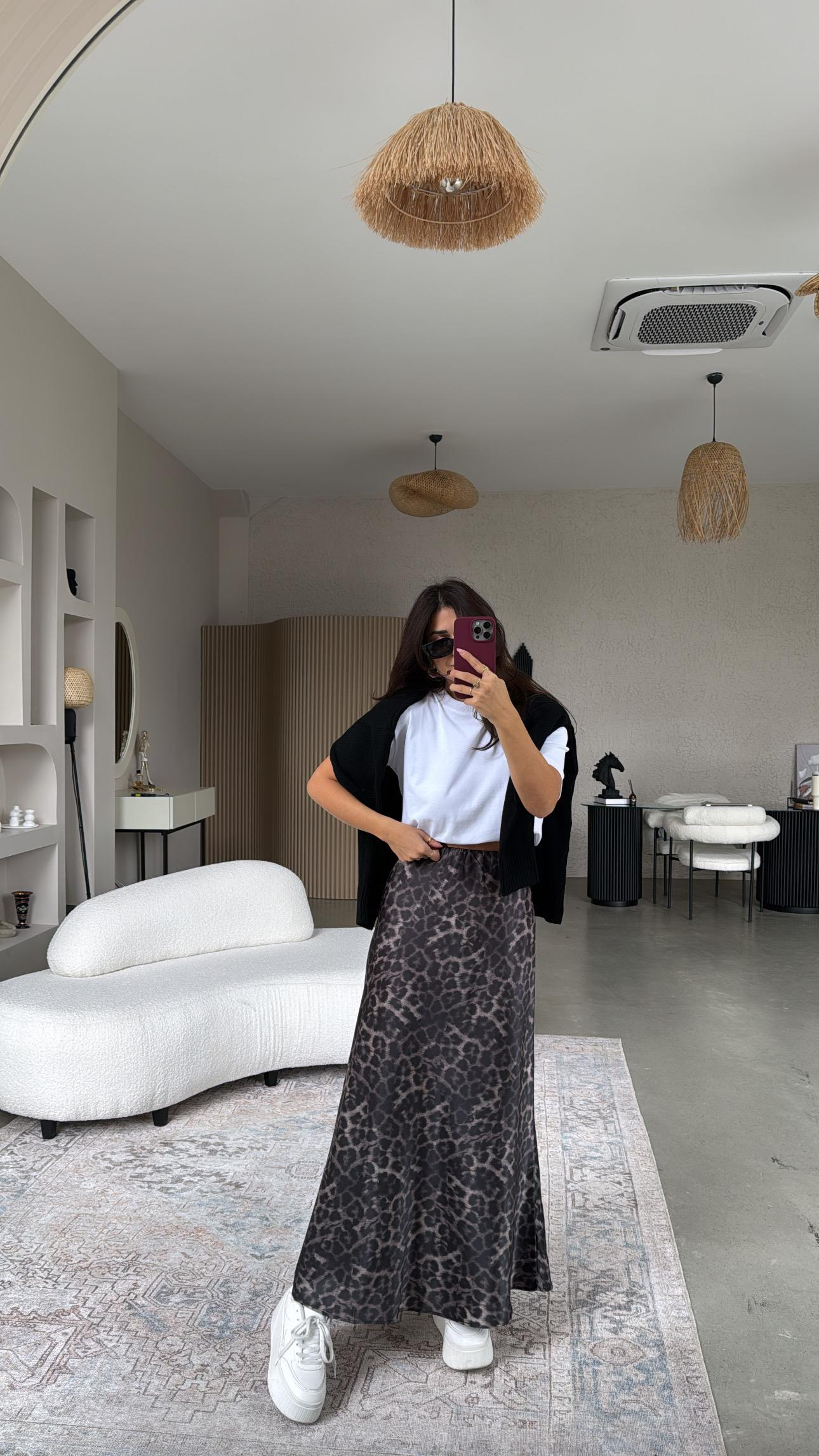 Koyu Leopar Maxi Boy Çan Etek