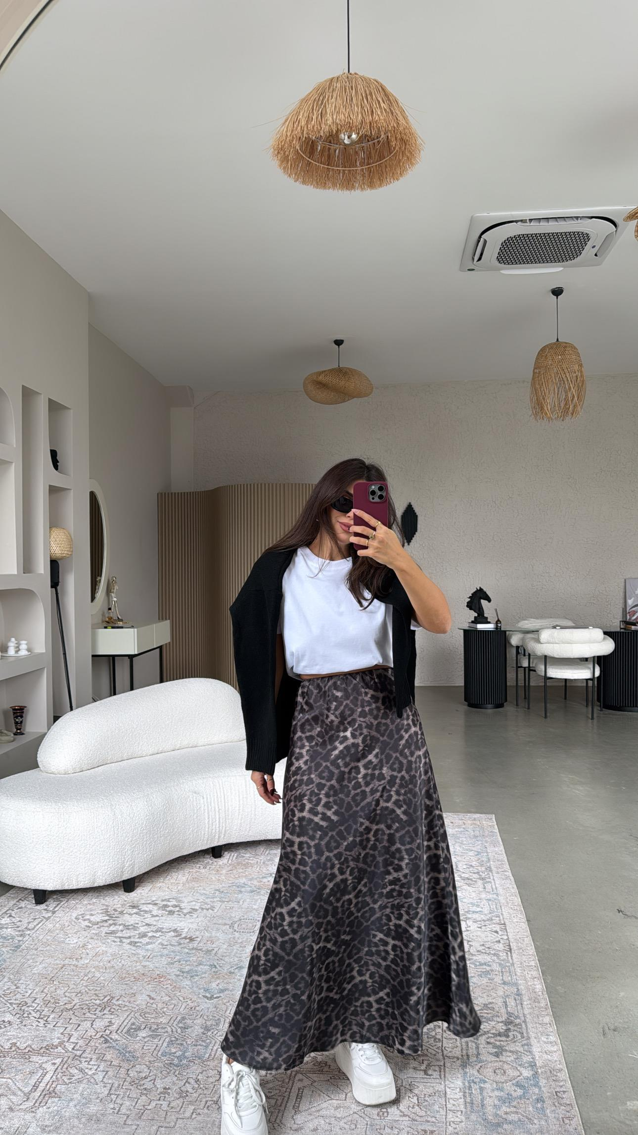 Koyu Leopar Maxi Boy Çan Etek