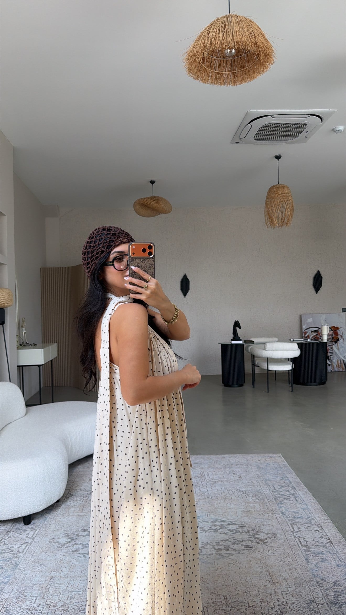 Krem İp Askılı Puantiyeli Astarlı Maxi Elbise