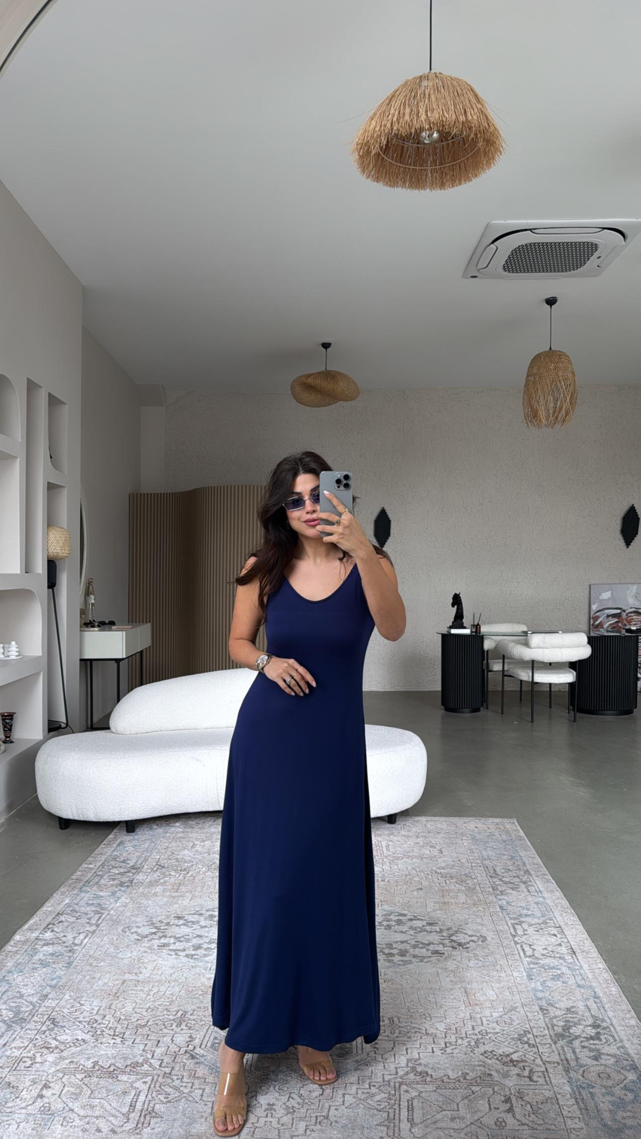 Lacivert Askıları Lastikli Pike Modal Elbise