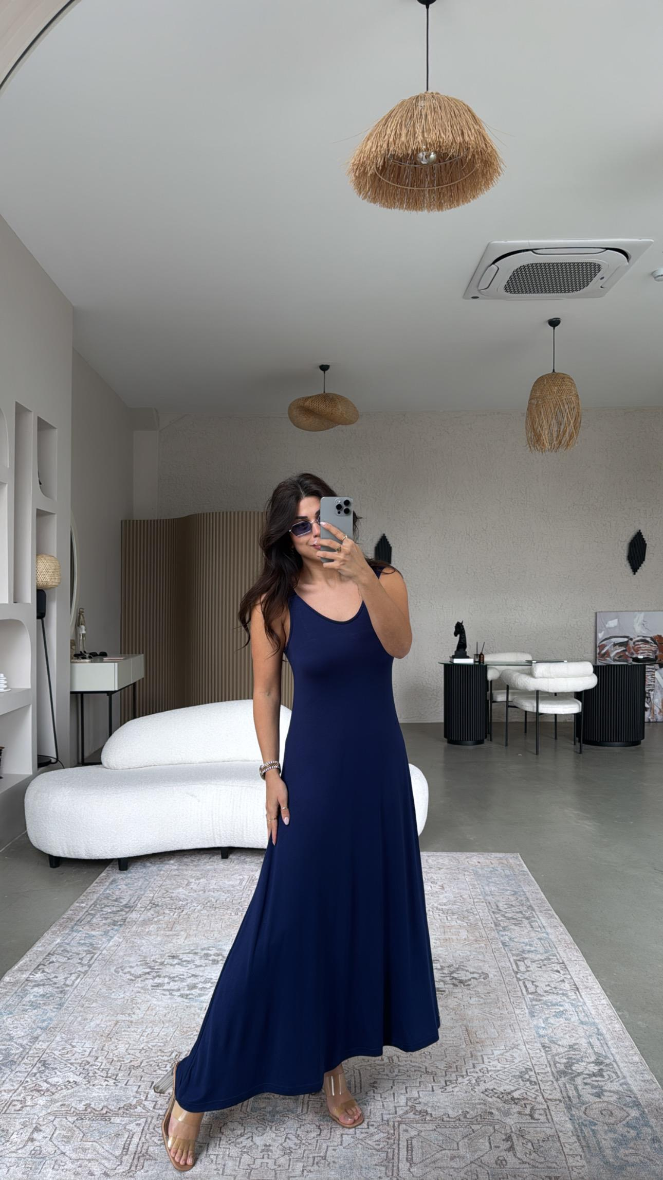 Lacivert Askıları Lastikli Pike Modal Elbise