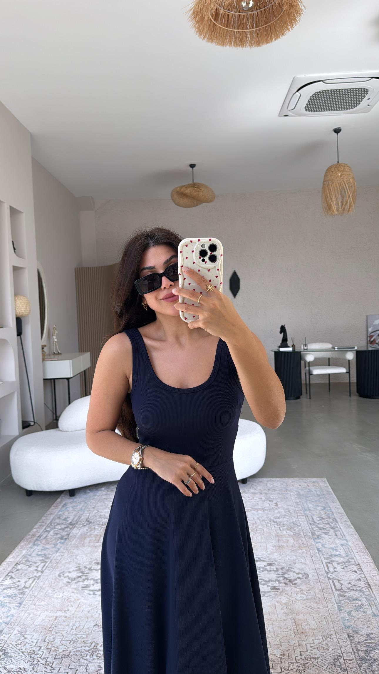 Lacivert Askılı Kaşkorse Elbise